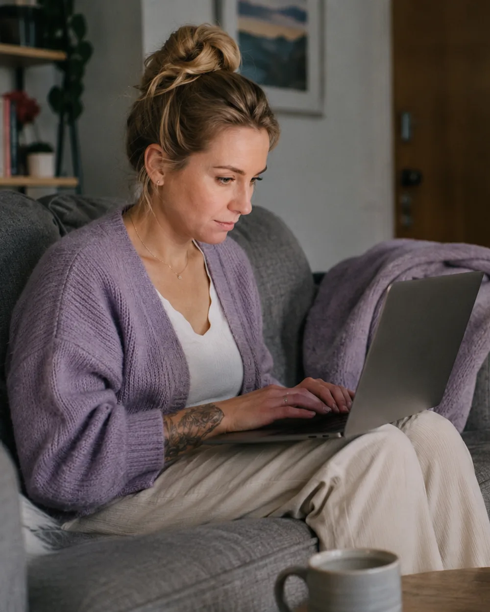 A creator on her couch with a laptop on her knees, a phone on a ring light beside her, reading over a pitch before she sends it.