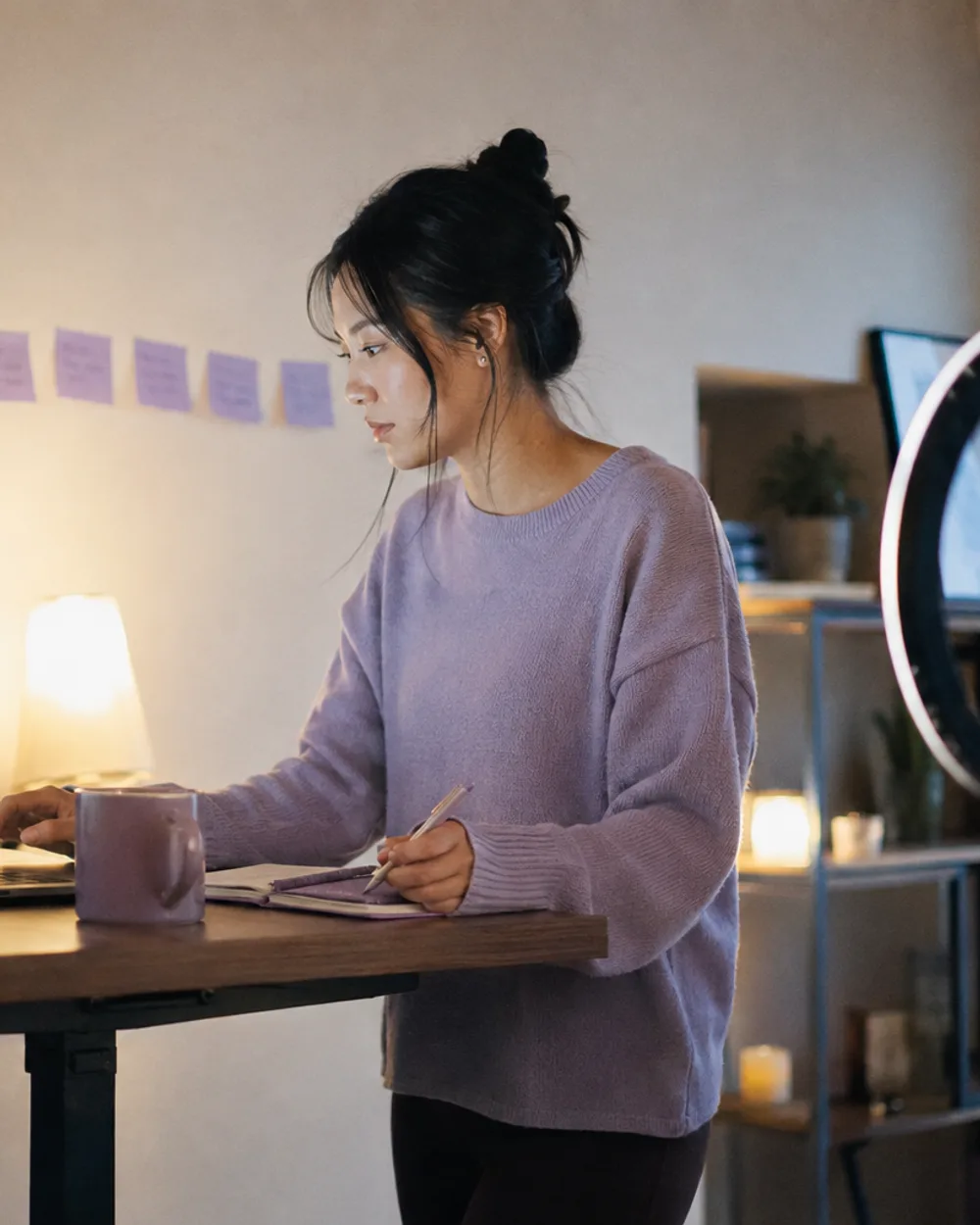 A creator at a standing desk at night, a row of sticky notes on the wall behind her, working through her outreach list on a laptop with a notebook open.