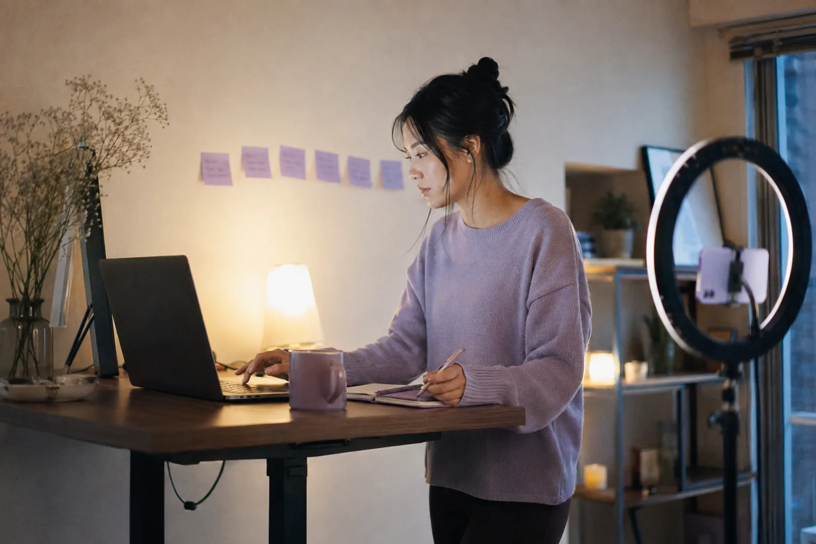 A creator at a standing desk at night, a row of sticky notes on the wall behind her, working through her outreach list on a laptop with a notebook open.