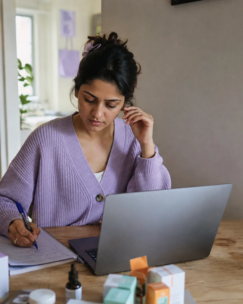 A creator at her kitchen table planning brand outreach: laptop open, a handwritten shortlist, small product boxes, and a ring light beside her.