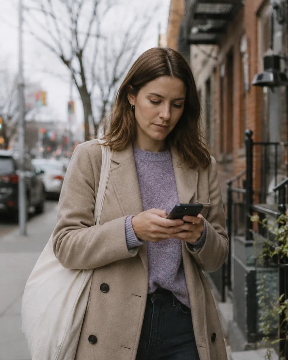 A creator walking a city sidewalk on an overcast day, tote bag over one shoulder, typing a message on her phone.