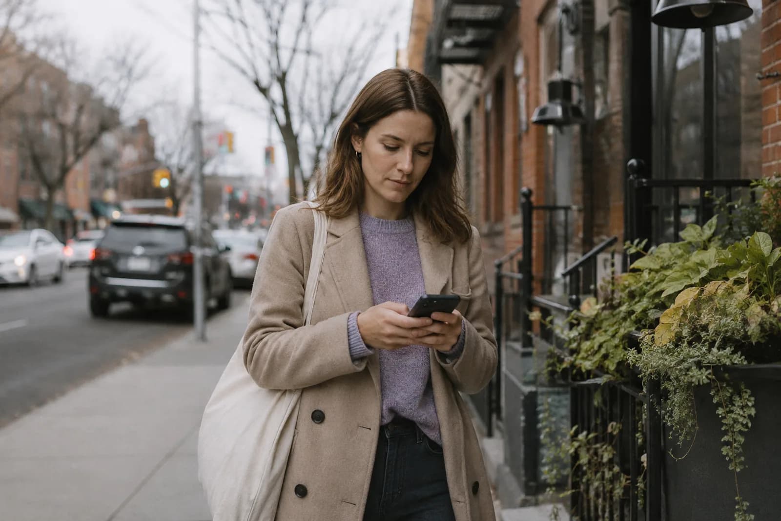 A creator walking a city sidewalk on an overcast day, tote bag over one shoulder, typing a message on her phone.