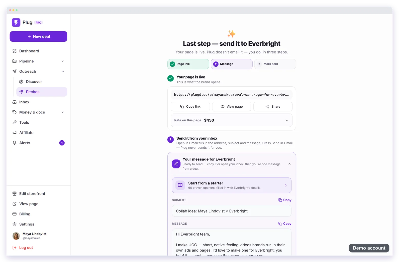 The send screen on a demo account: Page live, Message, Mark sent. The page's link and rate, then the drafted subject line and message for a fictional oral-care brand.