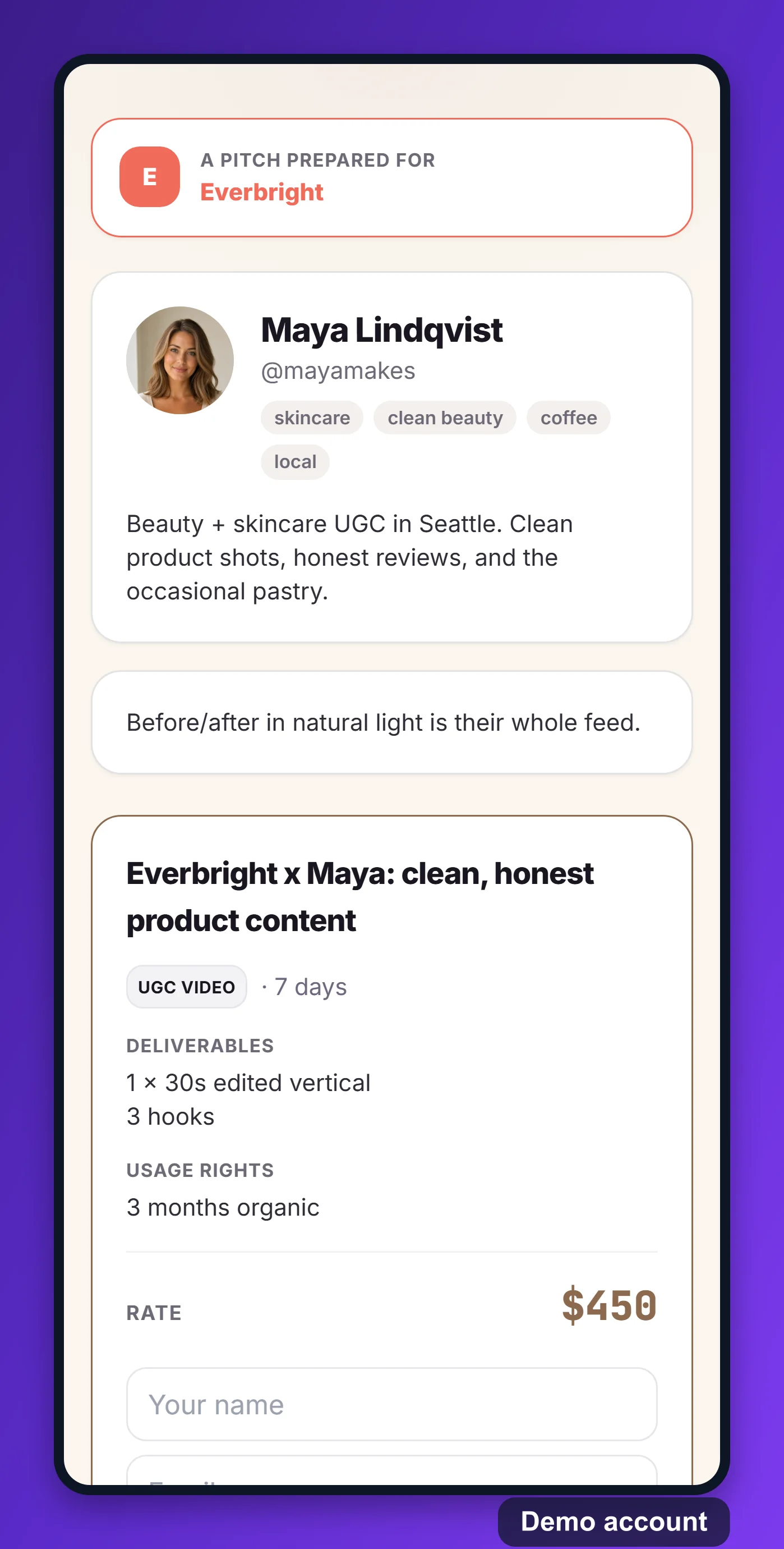 The same pitch page on a phone: prepared for the brand, the creator's card, the angle, and the offer.