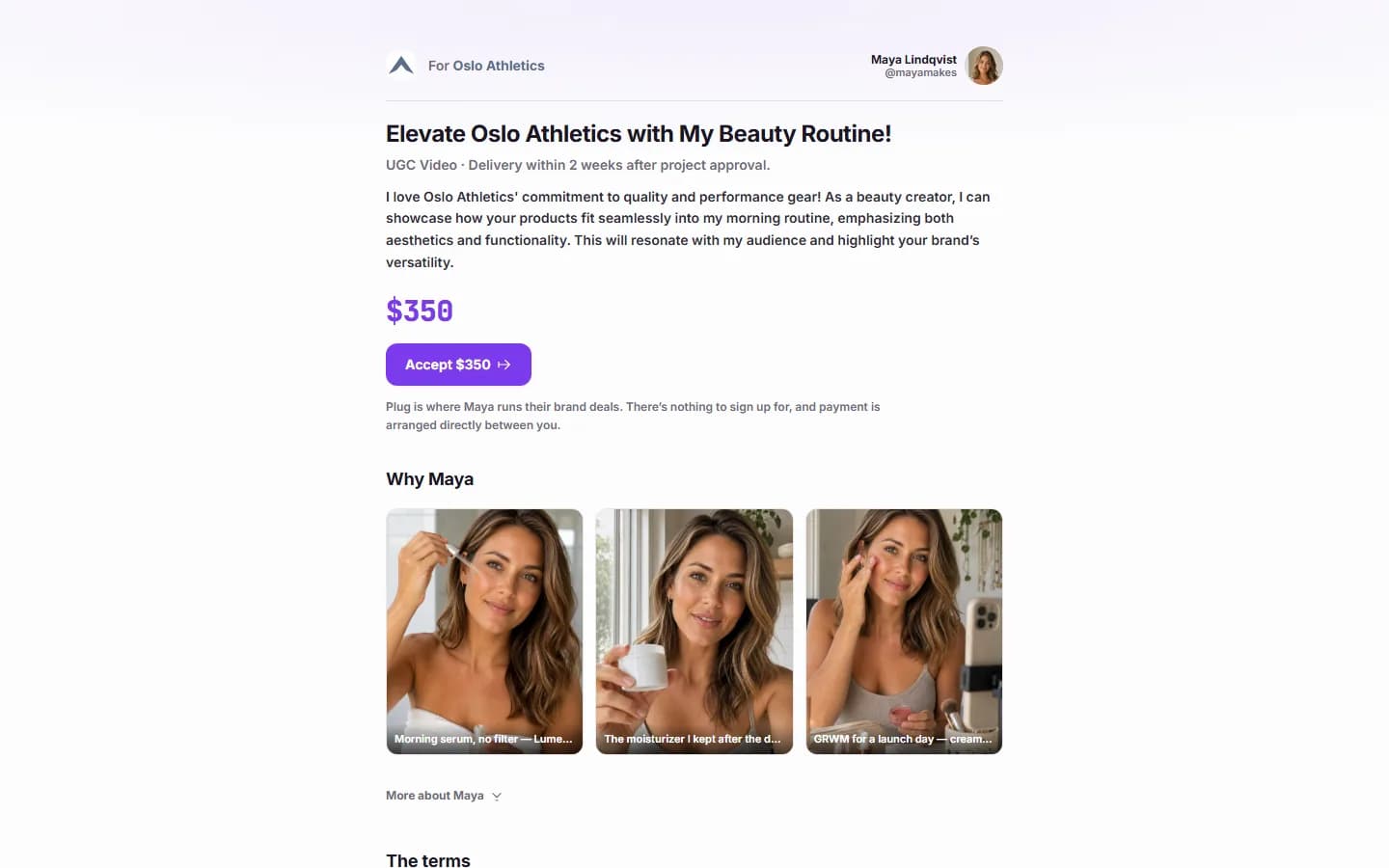 A published pitch page for a fictional athletic brand: prepared for the brand, the creator's name and photo, the headline and angle, a $350 rate with an Accept button, and the creator's work below.
