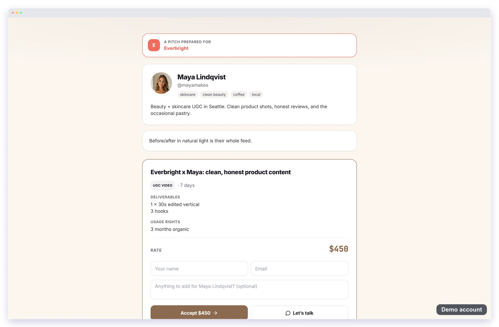 A published pitch page for a fictional oral-care brand: prepared for Everbright, the creator's card and tags, the angle, then the offer with deliverables, usage rights, a $450 rate, and Accept and Let's talk buttons.