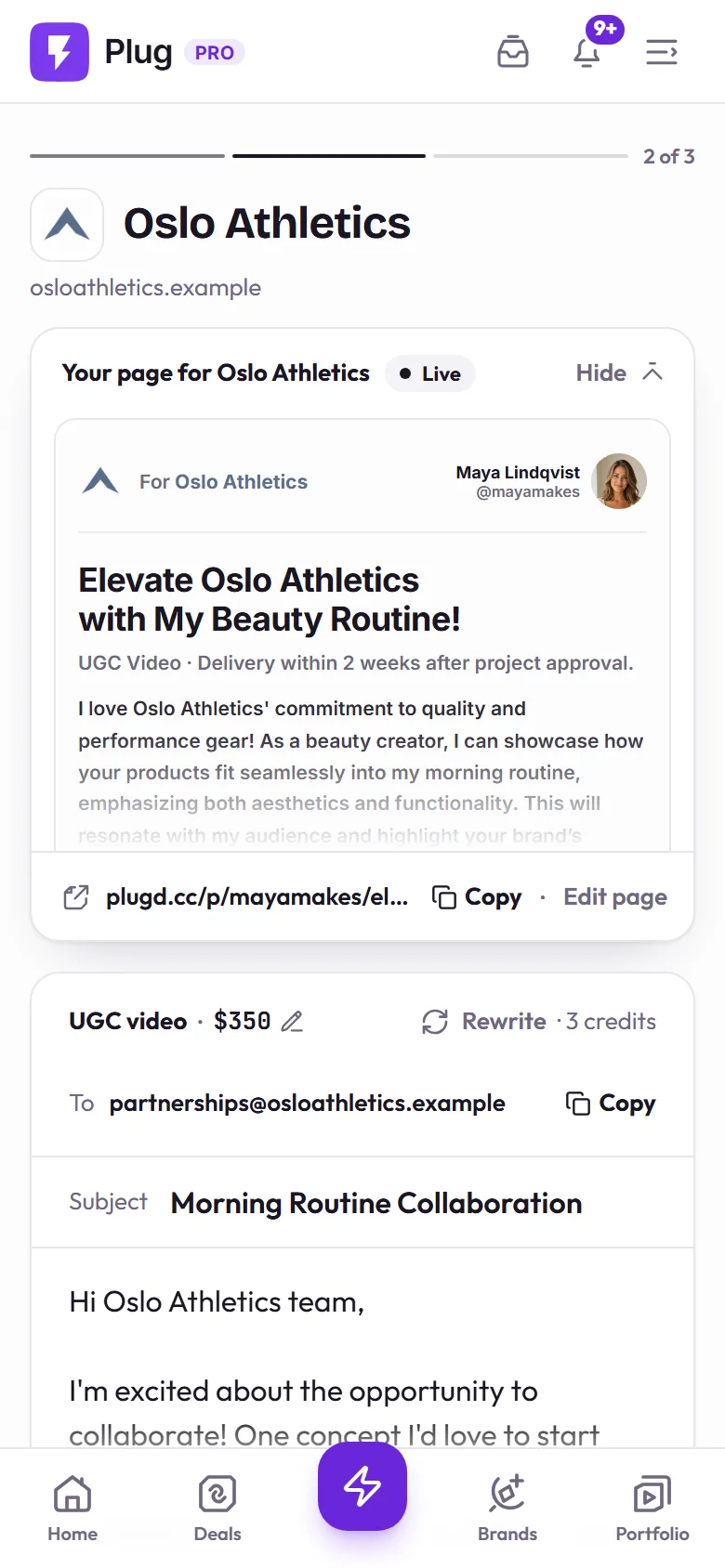 The send screen on a phone: the pitch page is live, the rate is $350, and the drafted email is next.