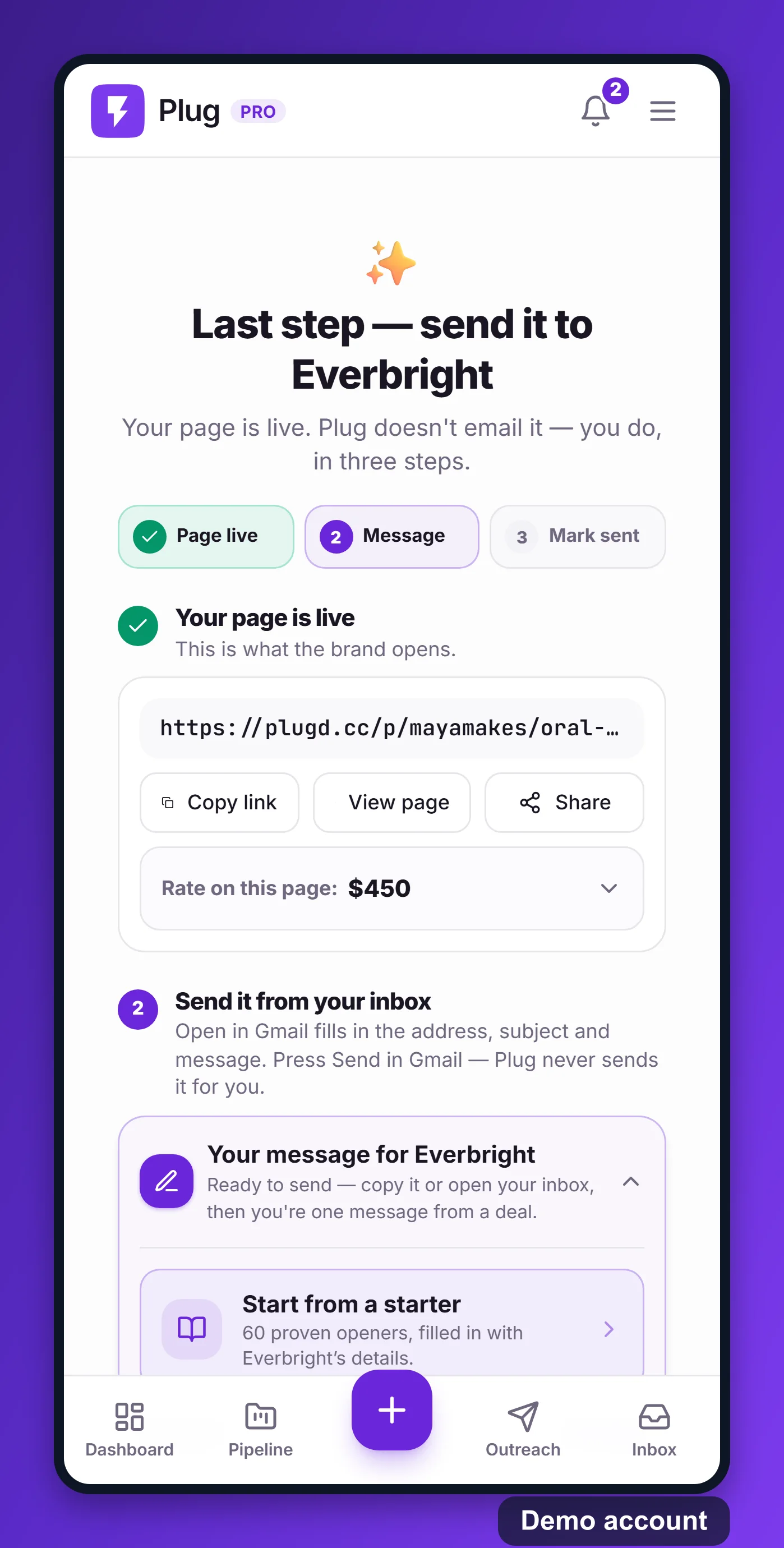 The send screen on a phone: the pitch page is live, the rate is $450, and the message step is next.