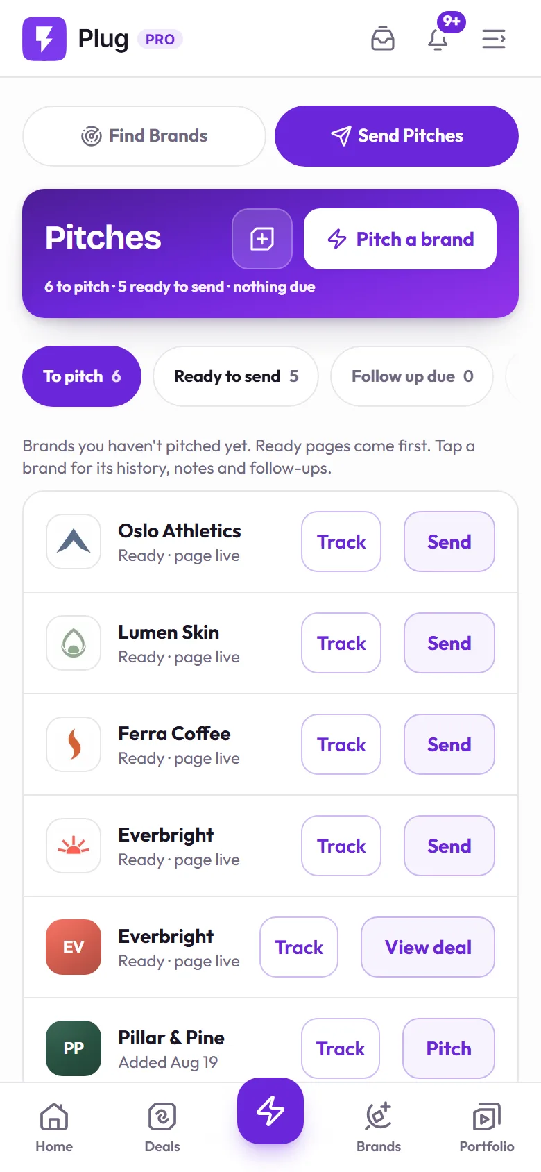 The same worklist on a phone: Pitch a brand, the stage chips, and each brand's Track and Send buttons.