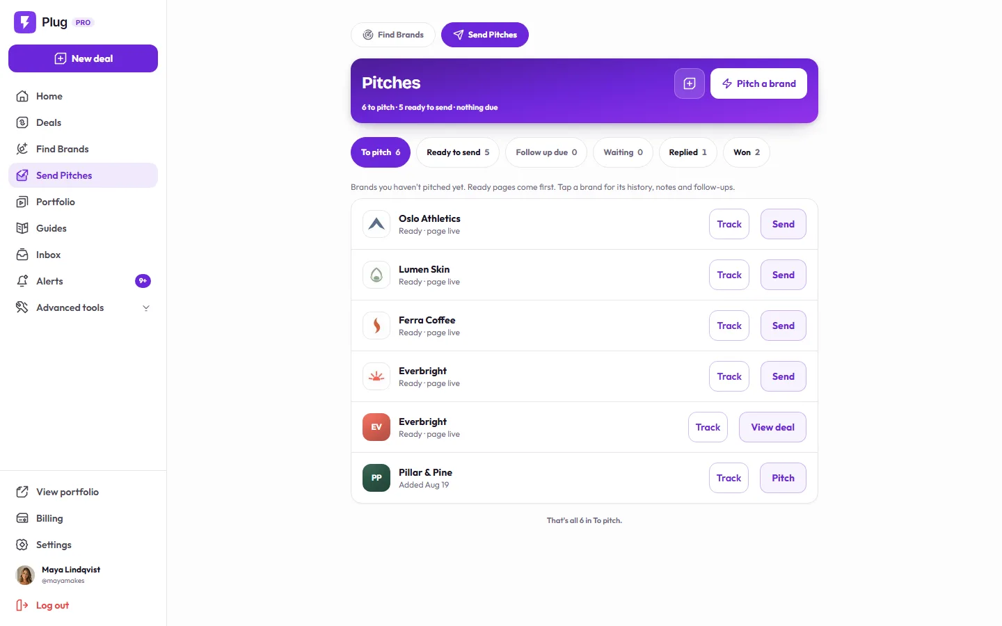 The Pitches worklist on a demo account: Pitch a brand, the To pitch, Ready to send, Follow up due, Waiting, Replied, and Won chips, and fictional brands with their pages ready to send, each with Track and Send.