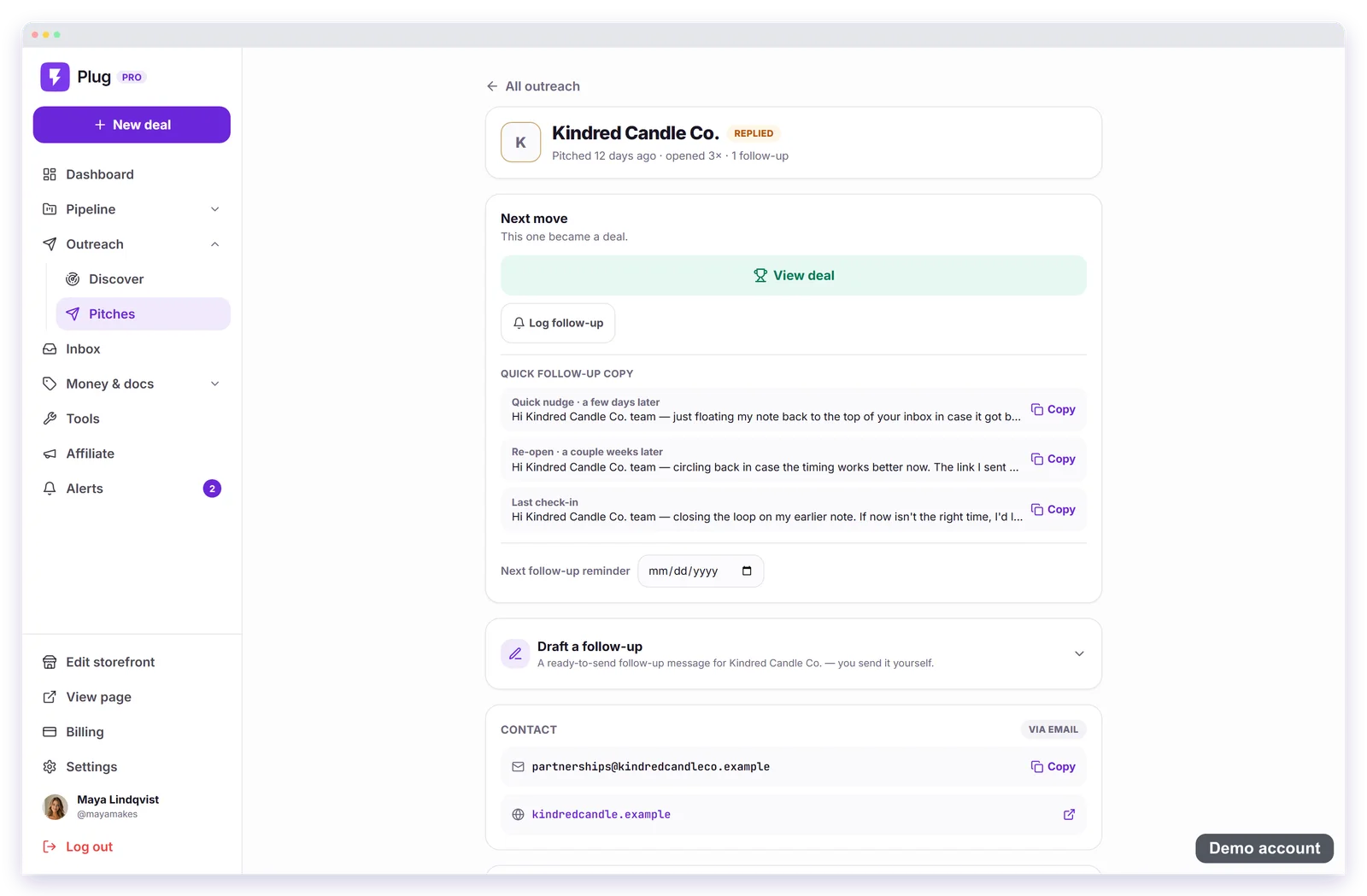 A brand's outreach page on a demo account: pitched 12 days ago, opened three times, one follow-up; the next move (this one became a deal), three quick follow-up notes to copy, a follow-up reminder date, an AI follow-up draft, and the contact.