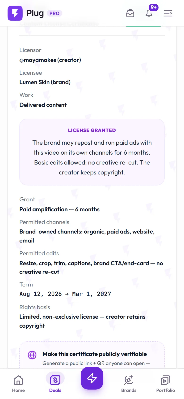 The same certificate on a phone: licensor, licensee, the license granted, the permitted channels and edits, and the term.
