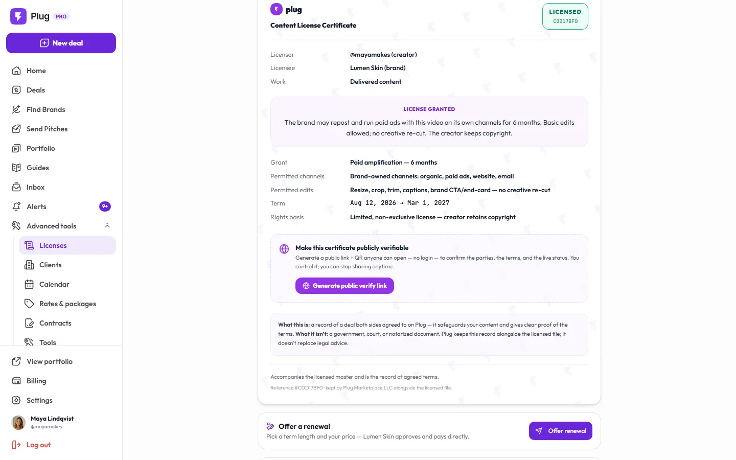 A license record on a demo account: the Content License Certificate for a fictional skincare brand, paid amplification for six months, the permitted channels and edits, the term, and the button that makes it publicly verifiable.