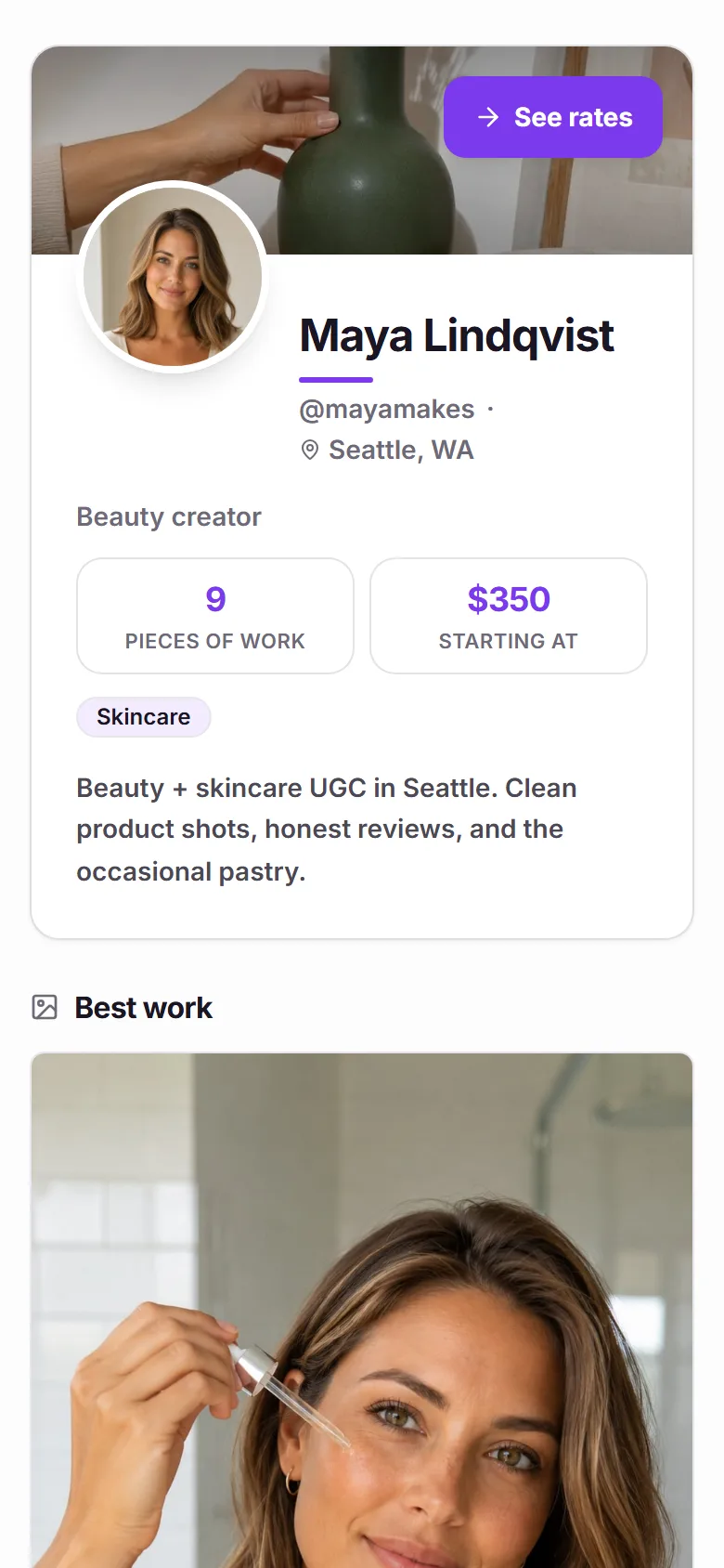 A Plug Pro storefront on a phone, on a demo account: cover photo, avatar, pieces of work, starting rate, niche, bio, and the first pinned work.