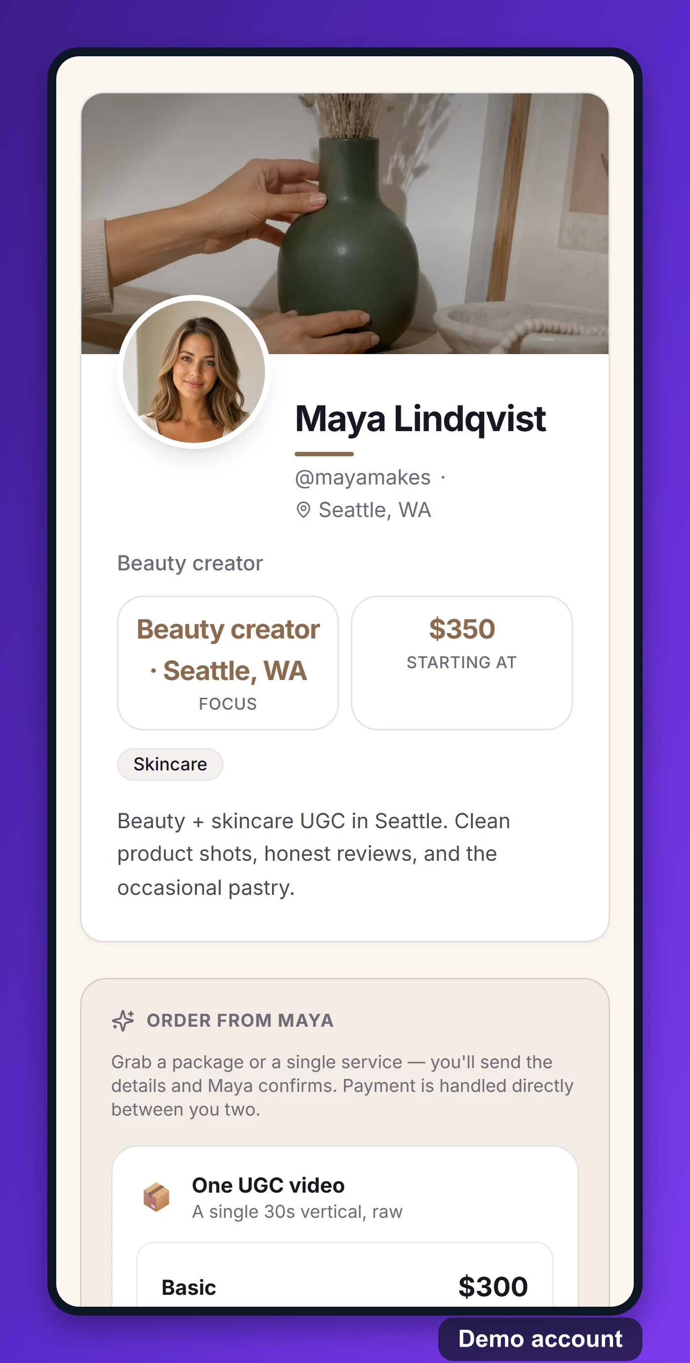 A creator storefront on a phone, on a demo account: cover photo, avatar, starting rate, and the order section.