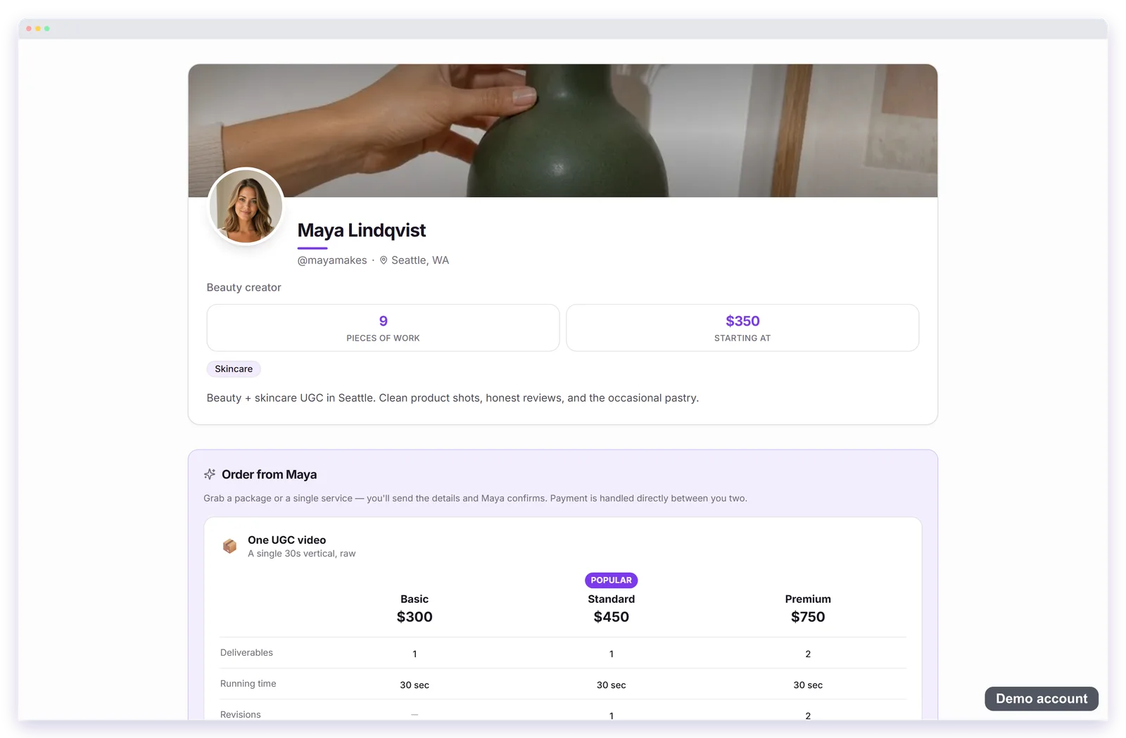 A real creator storefront on a demo account: cover, avatar, starting rate, and the priced package matrix brands book from.
