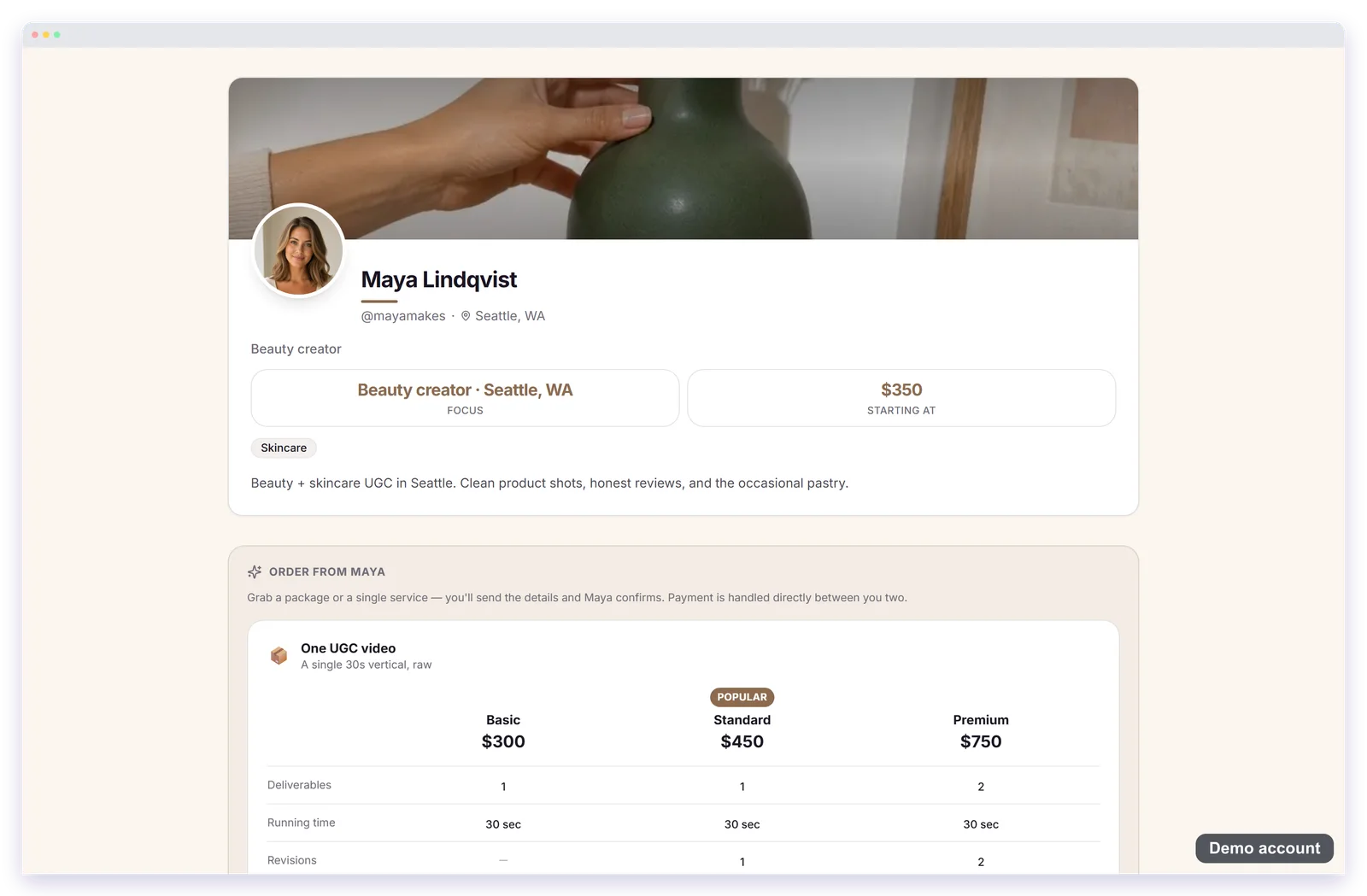 The same storefront on desktop, on a demo account: three priced packages side by side and the order section.
