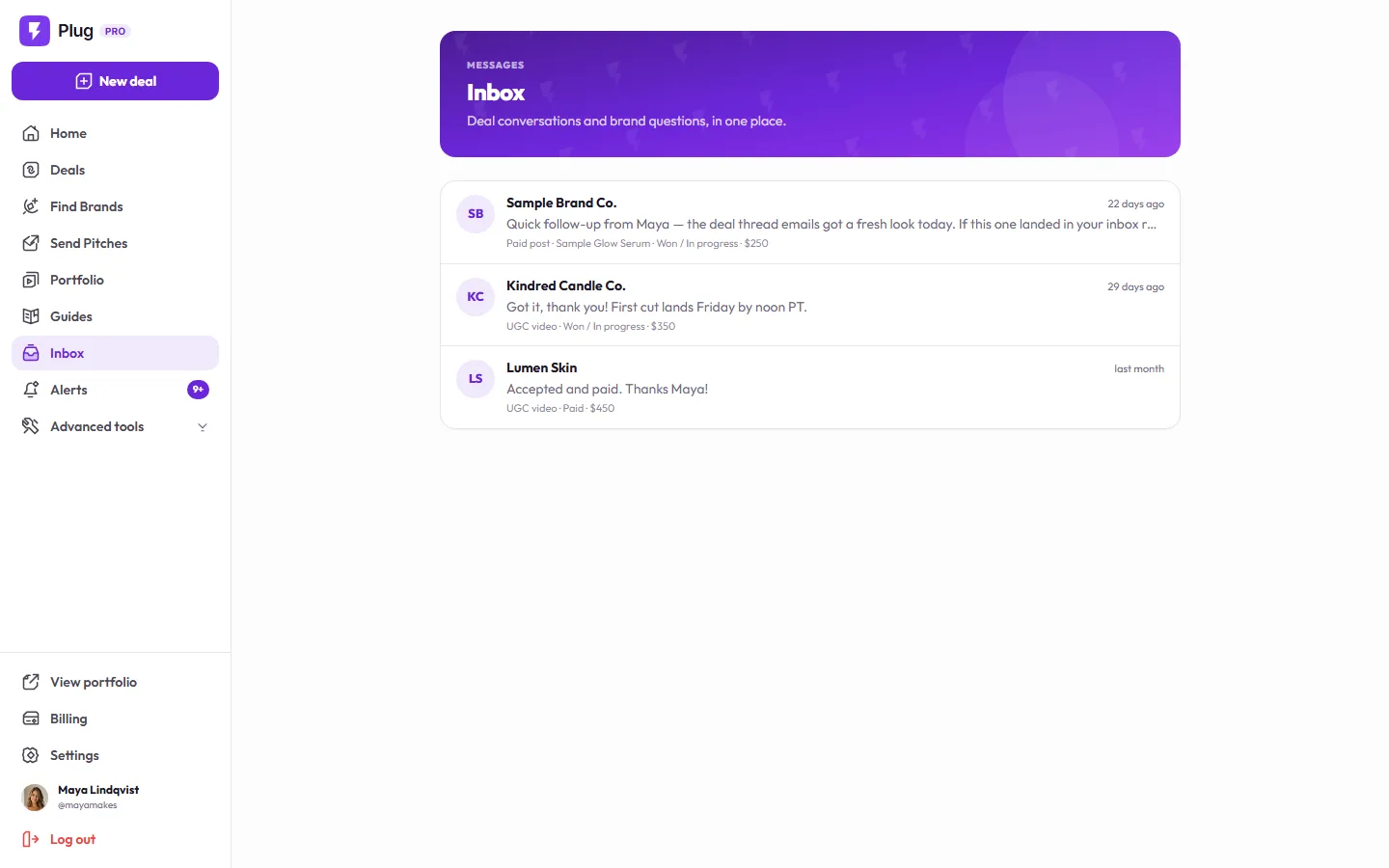 The inbox on a demo account: deal conversations and brand questions in one place, fictional brands listed with their latest message, deal type, stage, and amount.