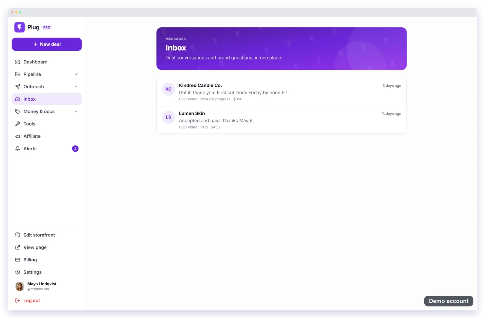 The inbox on a demo account: deal conversations and brand questions in one place, two fictional brands listed with their latest message, deal type, stage, and amount.