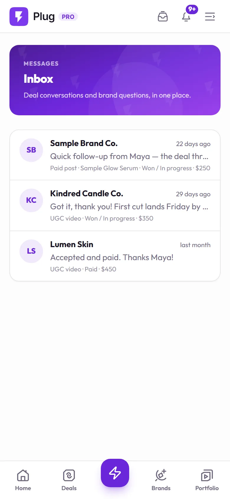 The inbox on a phone: three deal conversations with their latest message, stage, and amount.