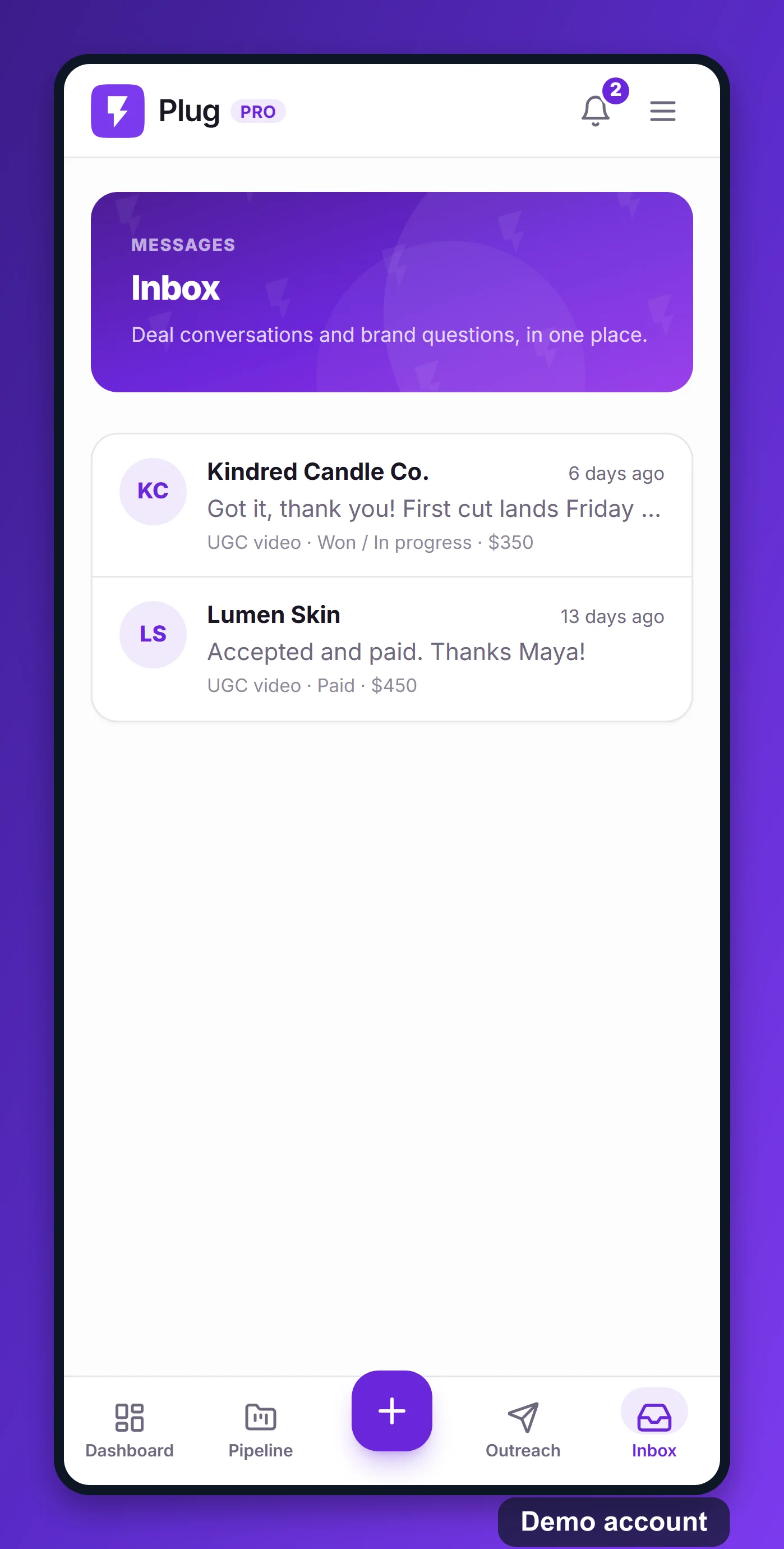 The inbox on a phone: two deal conversations with their latest message, stage, and amount.