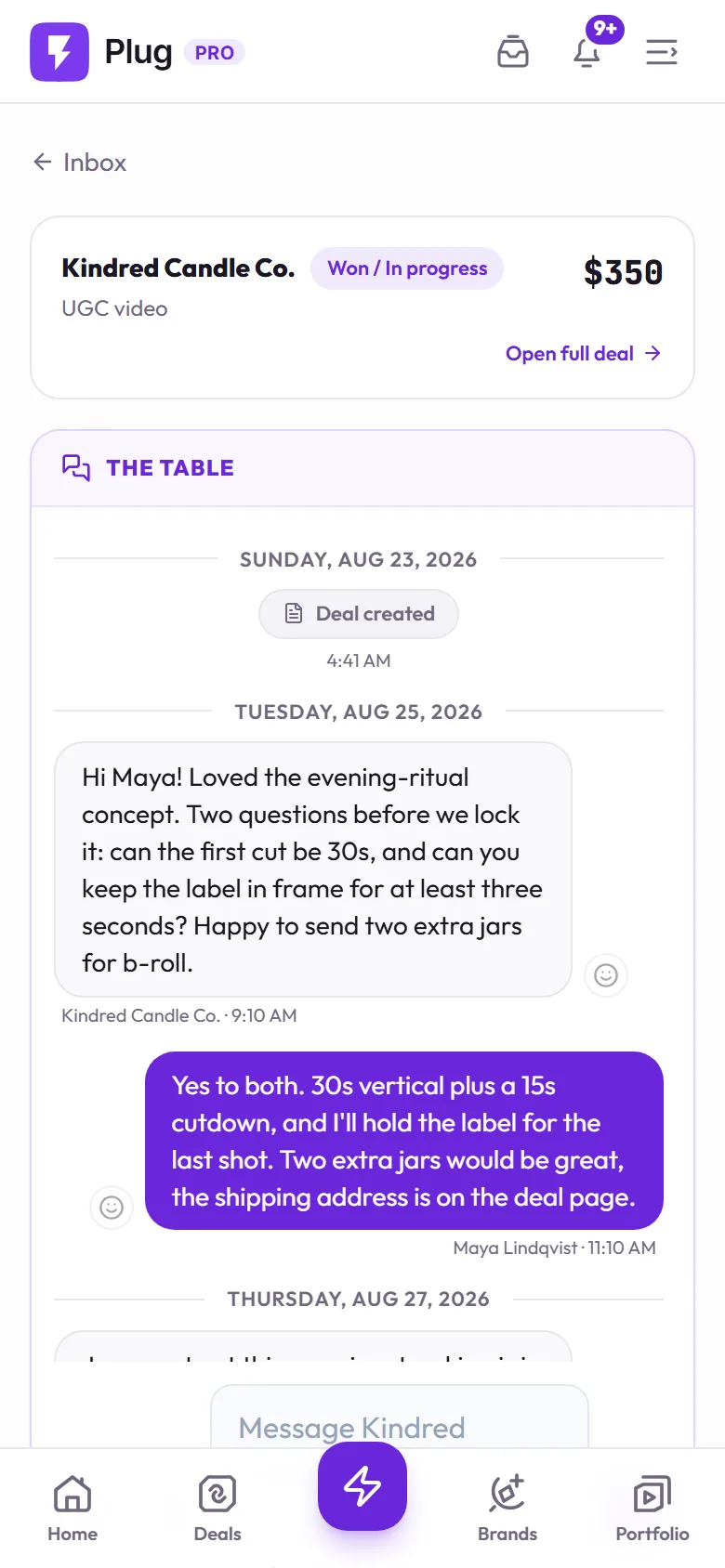 A deal thread on a phone: the pinned summary for a fictional candle brand, then The Table with the brand's questions about the first cut and the creator's answer.