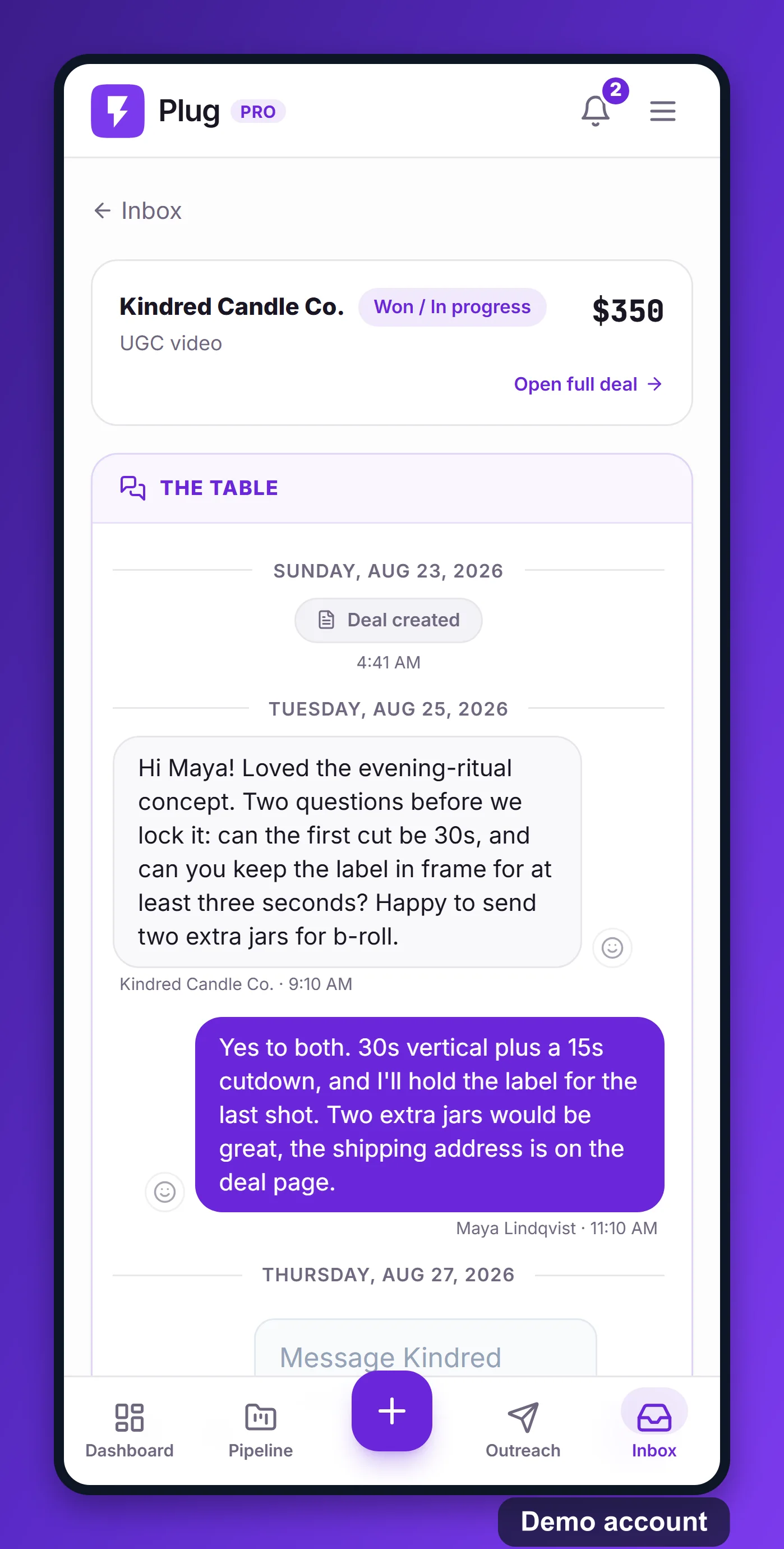 A deal thread on a phone: the pinned deal summary, then the brand's questions and the creator's answers with dates.