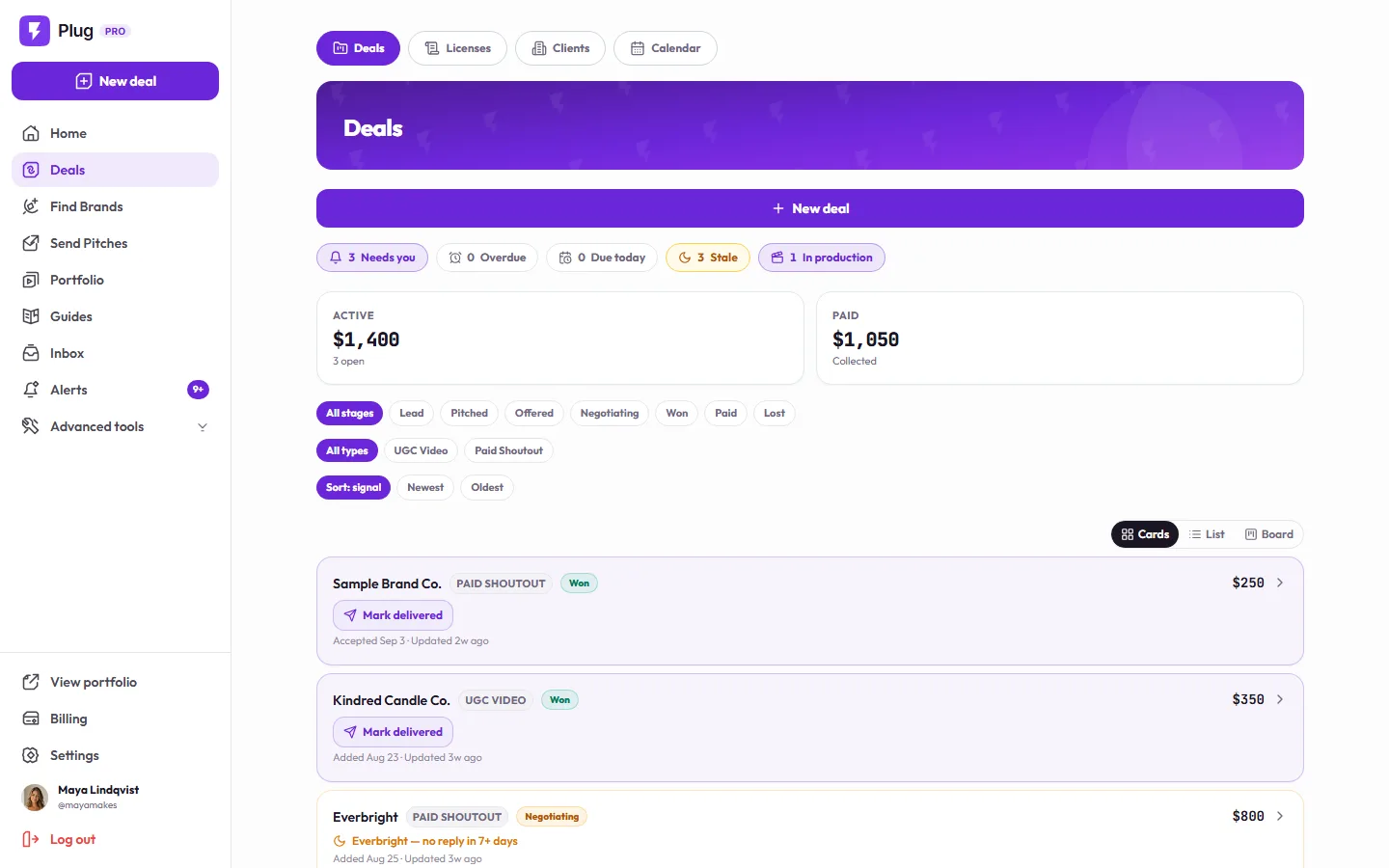The Deals pipeline on a demo account: Needs you, Overdue, and Due today counts, active and paid totals, stage and type filters, the Cards, List, and Board toggle, and the deal cards.