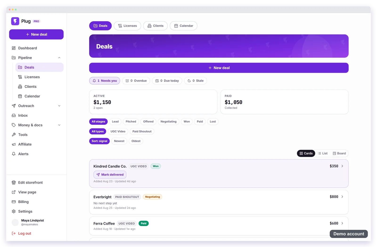 The Plug Pro pipeline on a demo account: four deals with stage chips, a money summary, and the Cards, List, and Board view toggle.