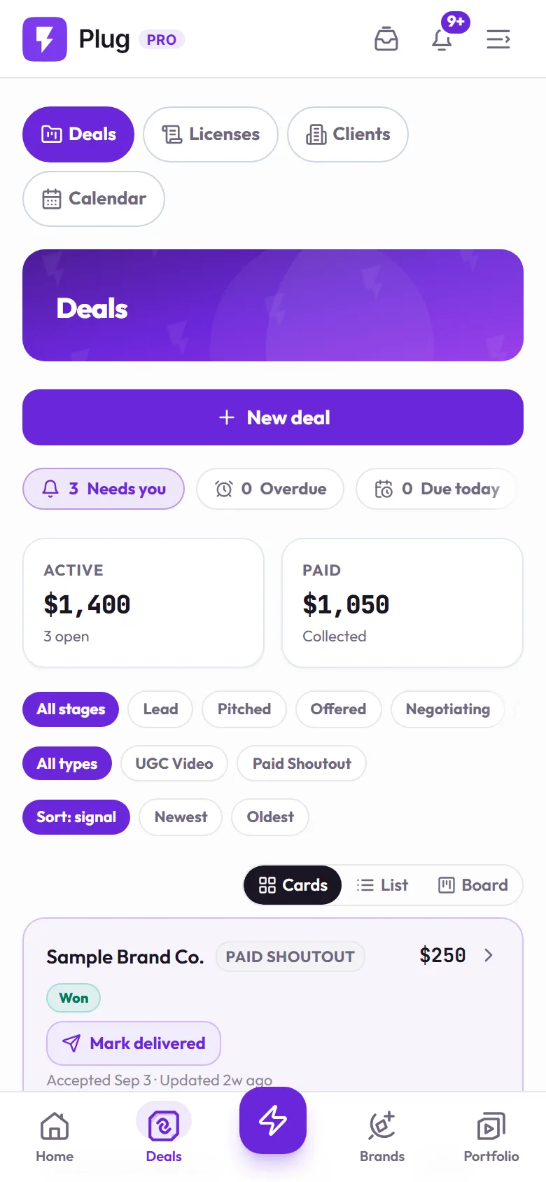 The same pipeline on a phone: the counts, the money totals, the filters, and the first deal card.