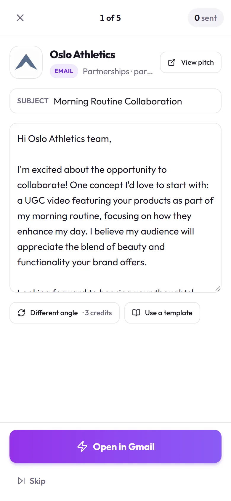 Pitch Run on a phone, on a demo account: 1 of 5, the brand, the AI-written subject and message, and Open in Gmail.