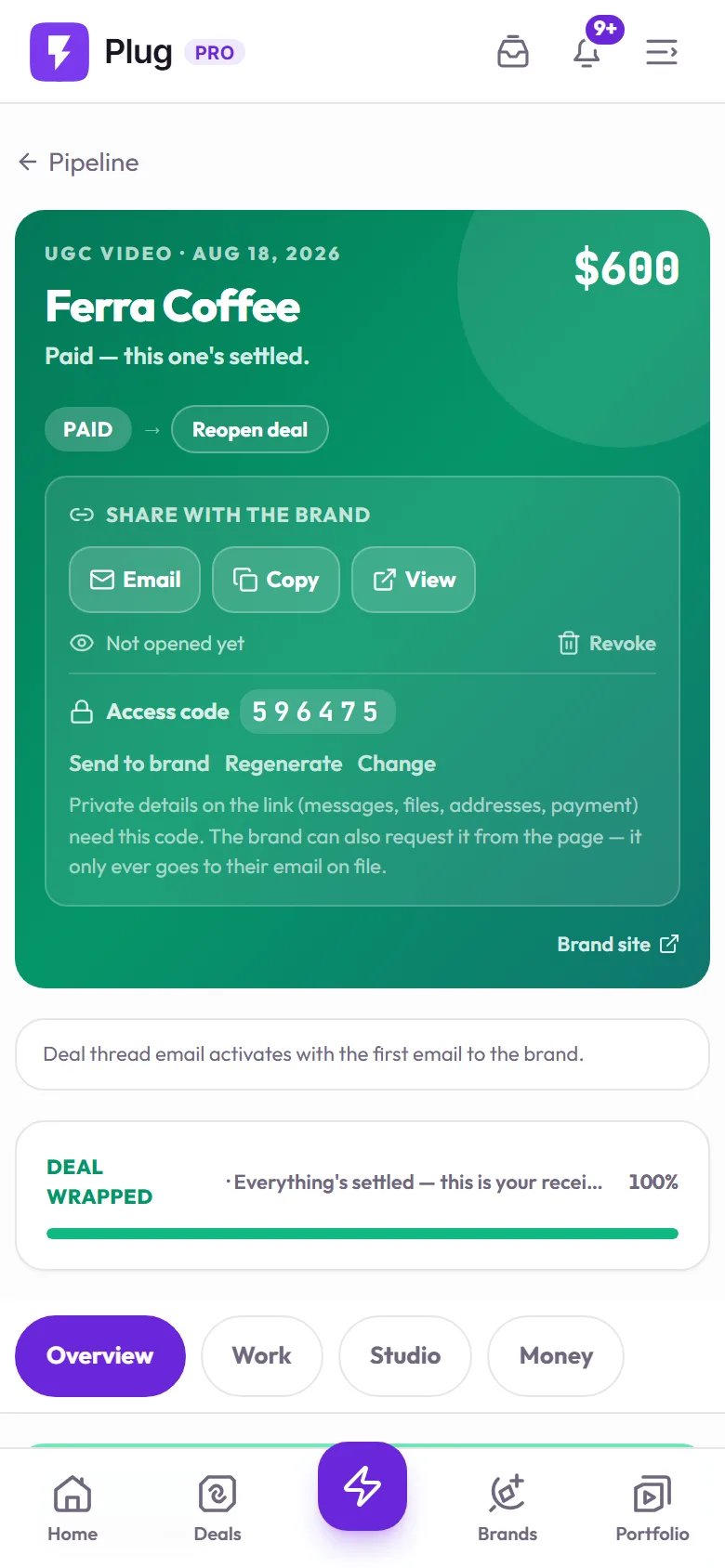 The same paid deal on a phone: $600, Paid, the share link with its access code, and the deal wrapped at 100%.