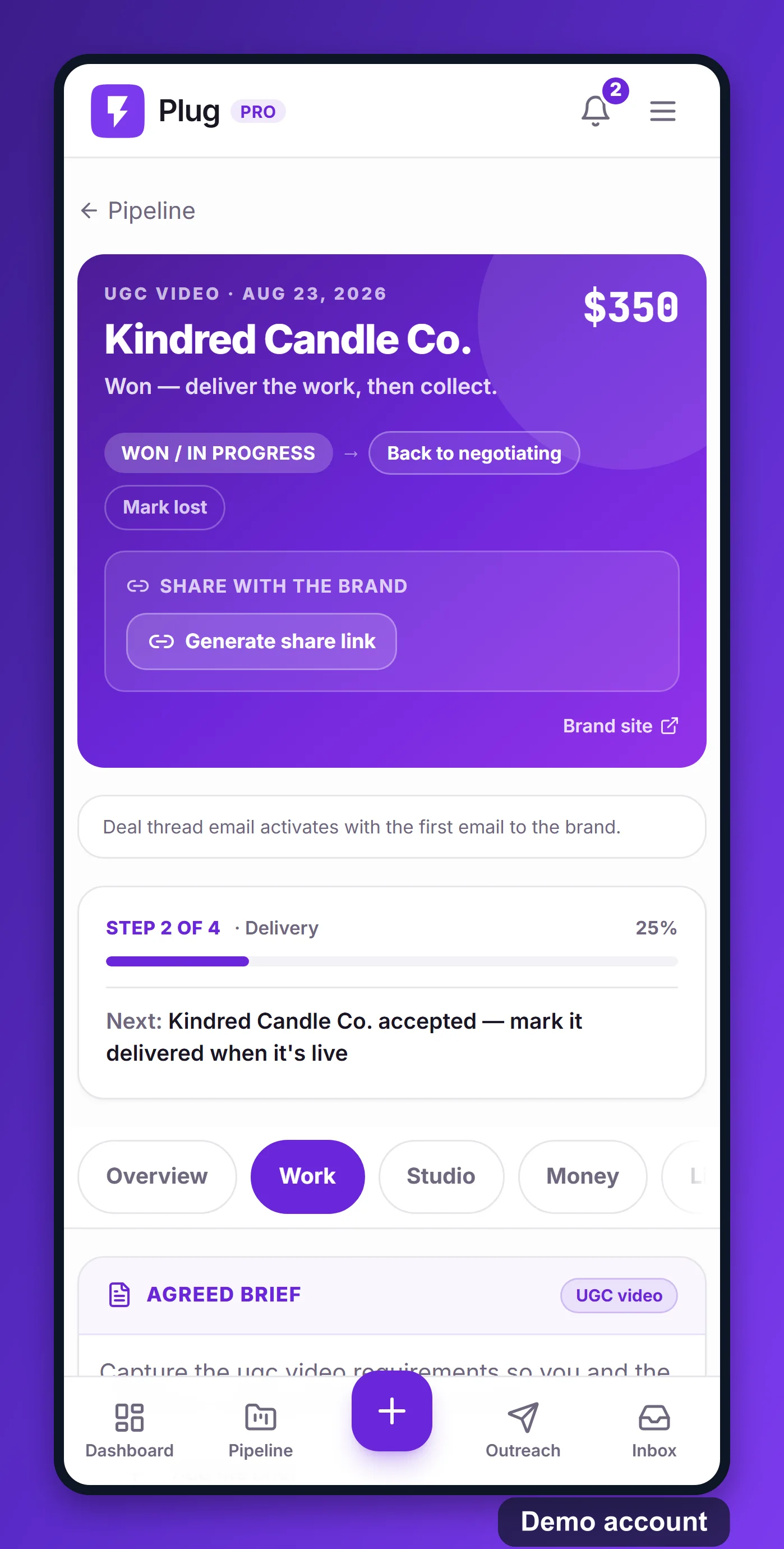 The same deal page on a phone: brand, amount, stage, the share link, and the four-step track.
