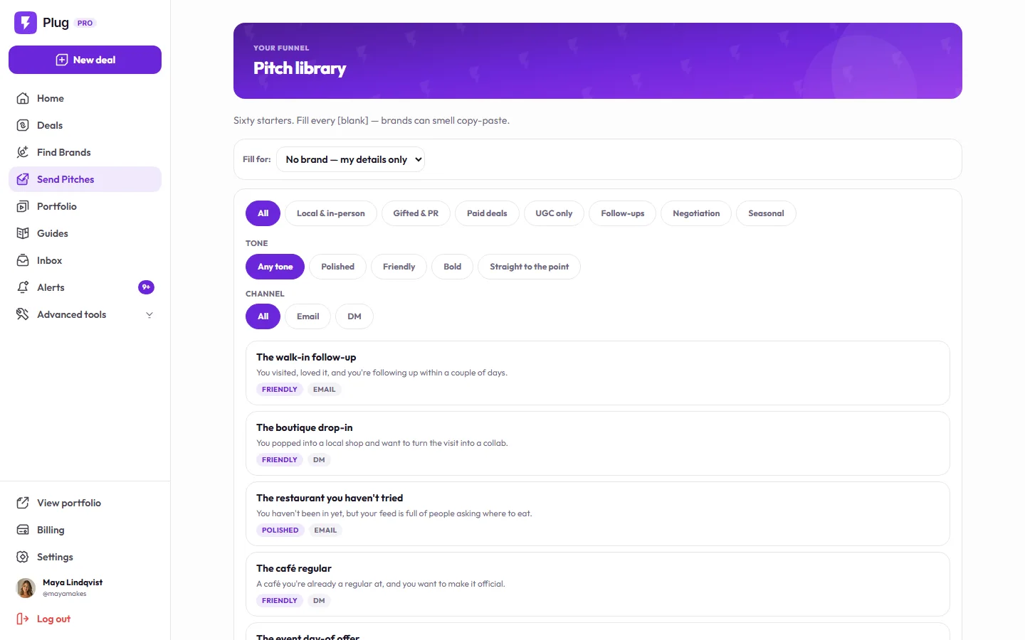 The pitch library on a demo account: sixty starters, a Fill for brand picker, the category, tone, and channel filters, and starters like The walk-in follow-up and The boutique drop-in.
