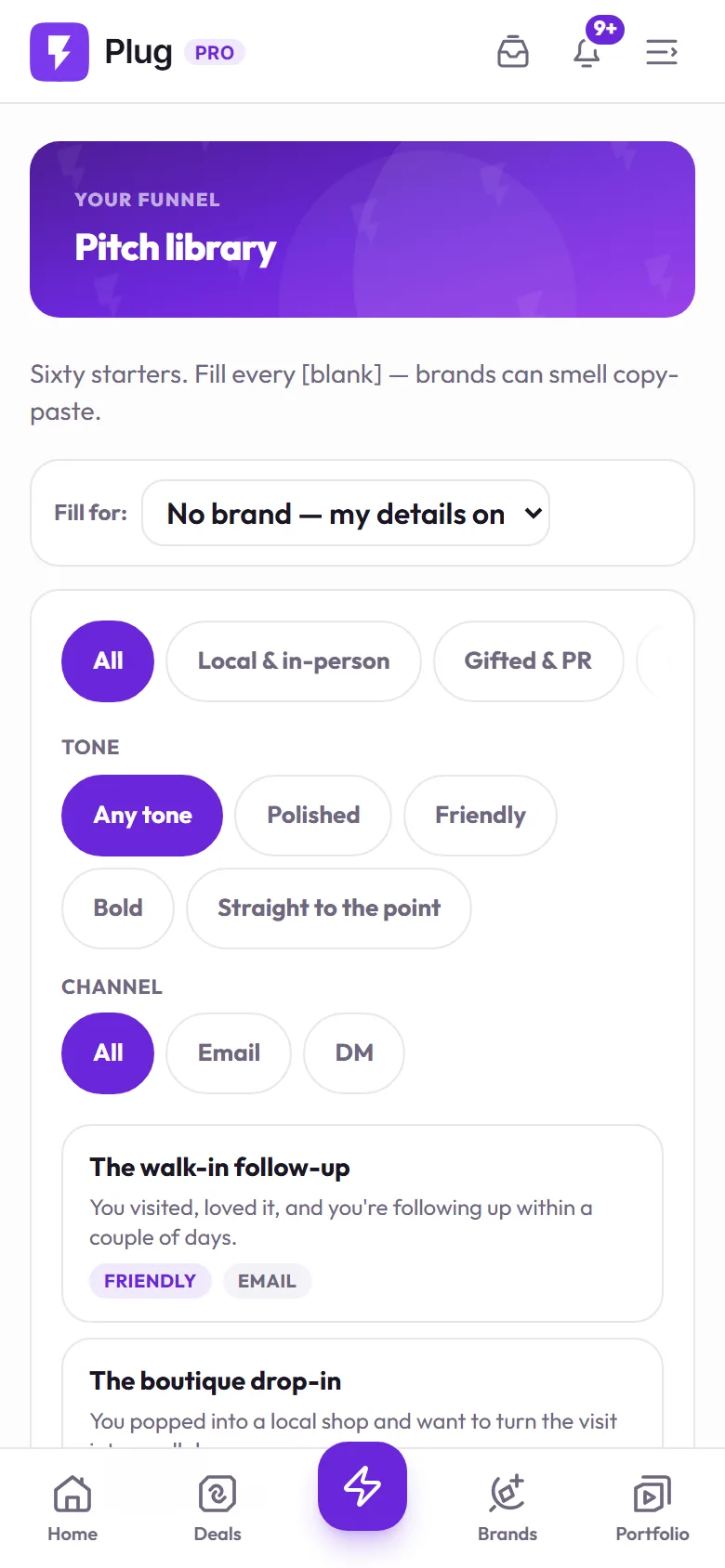 The pitch library on a phone: Fill for, the category, tone, and channel filters, then the first starters.