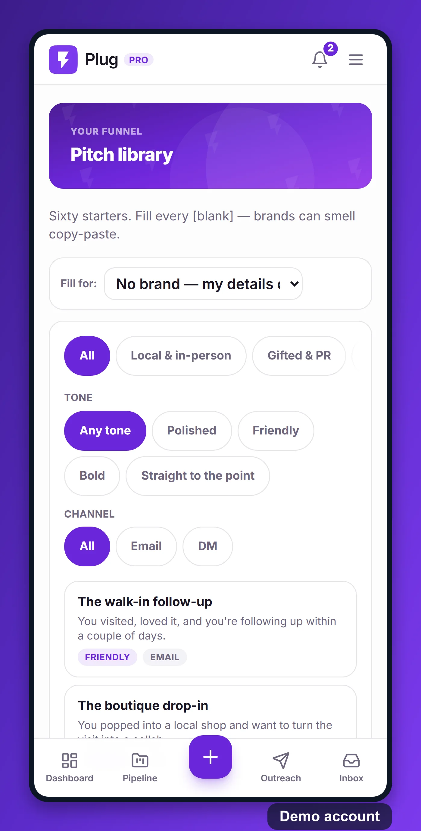 The pitch library on a phone: category, tone, and channel filters, then the first starters.