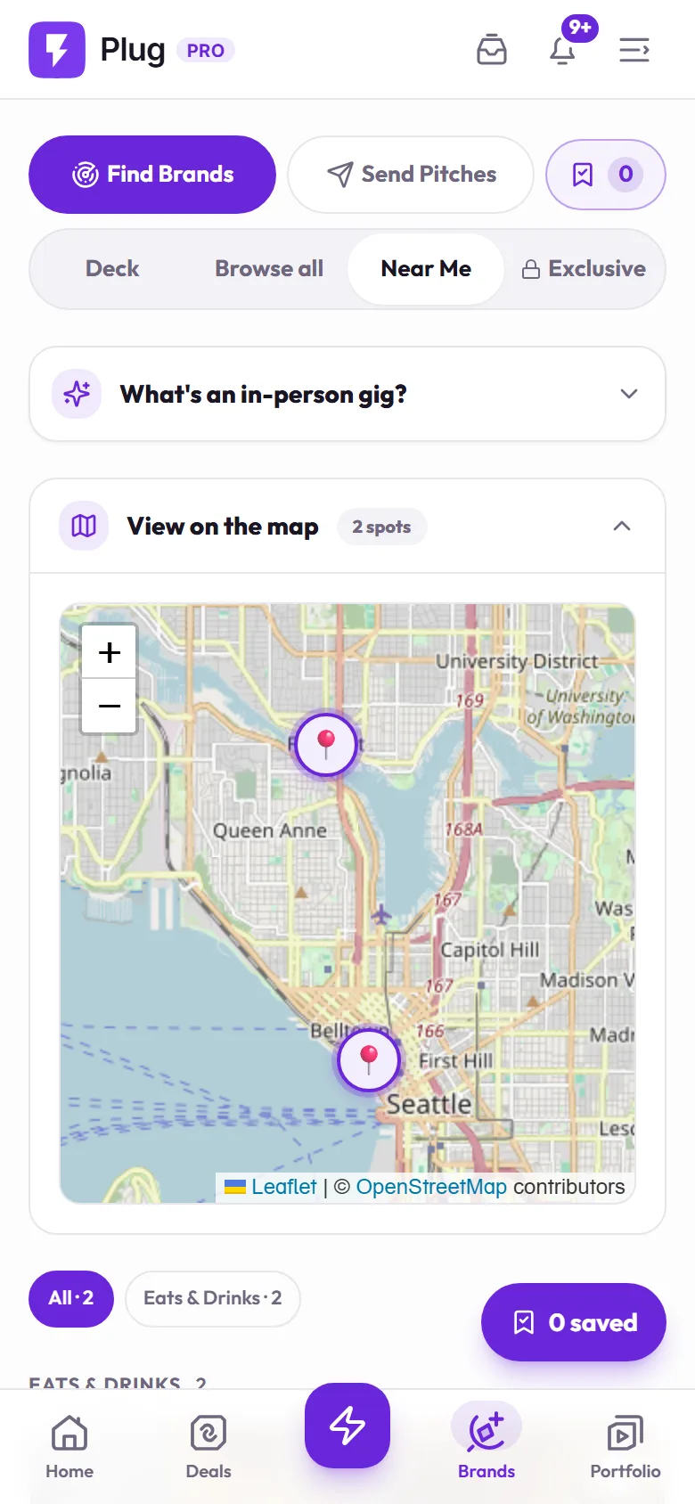 Near Me on a phone, on a demo account: the map with two pinned local spots and the category filters.
