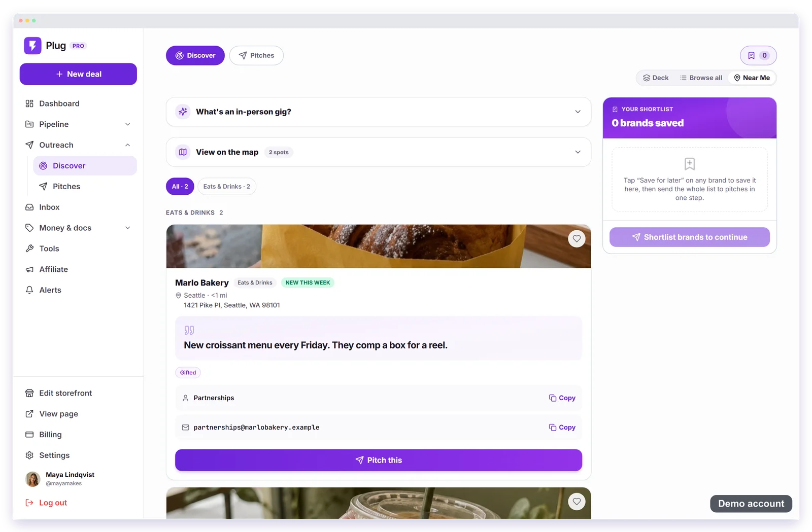 A local brand card on a demo account: a fictional bakery with its cover photo, address, pitch angle, gifted tag, contact, and a Pitch this button.