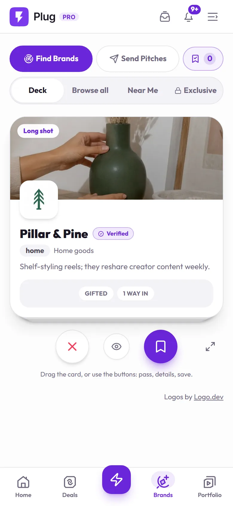 The Find Brands deck on a phone, on a demo account: a fictional home-goods brand's card with its cover photo, logo, Verified badge, and the pass, details, and save buttons.