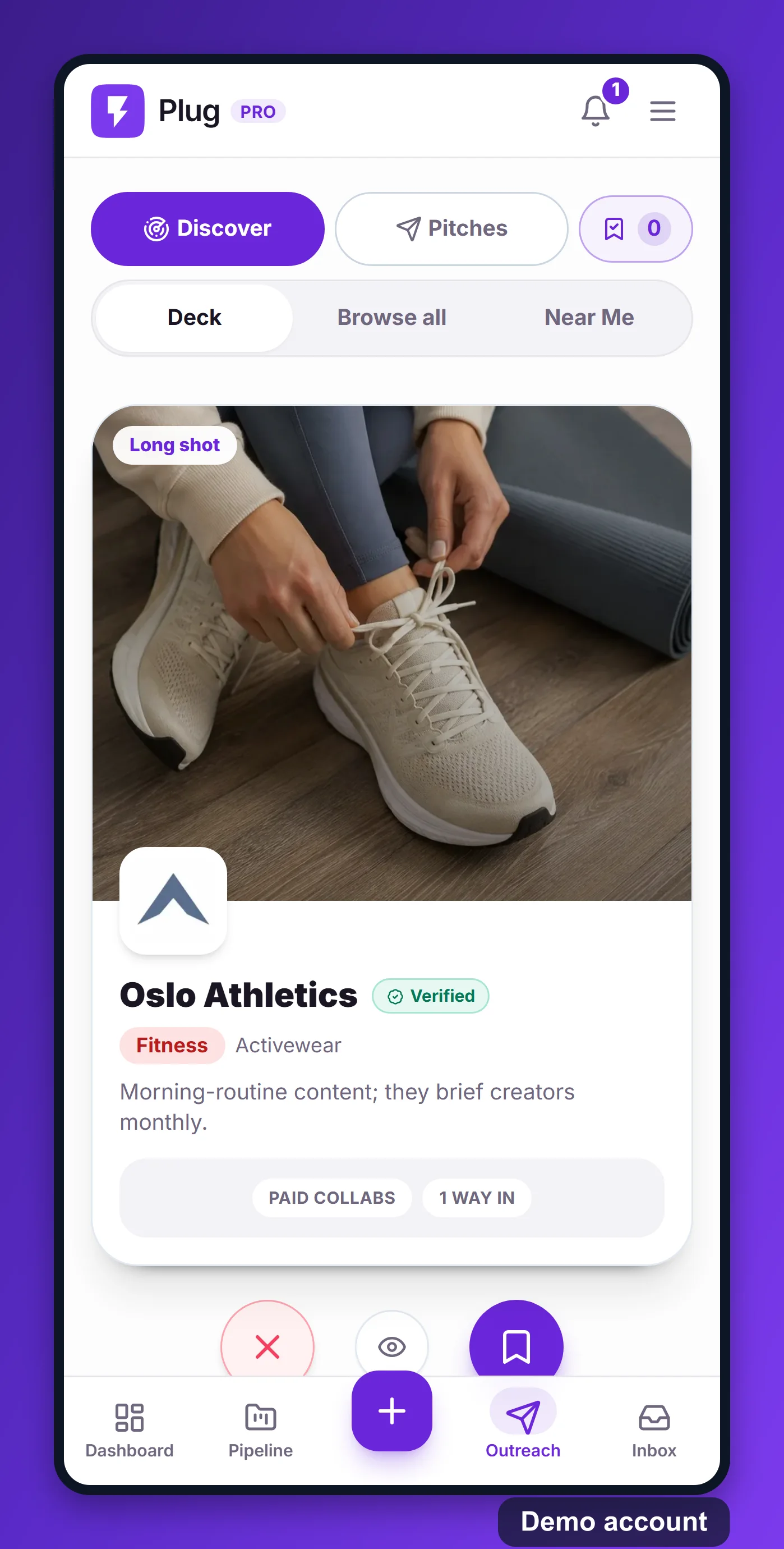 The Brand Radar swipe deck on a phone, on a demo account: a brand card with its niche, pitch angle, and keep/skip controls.