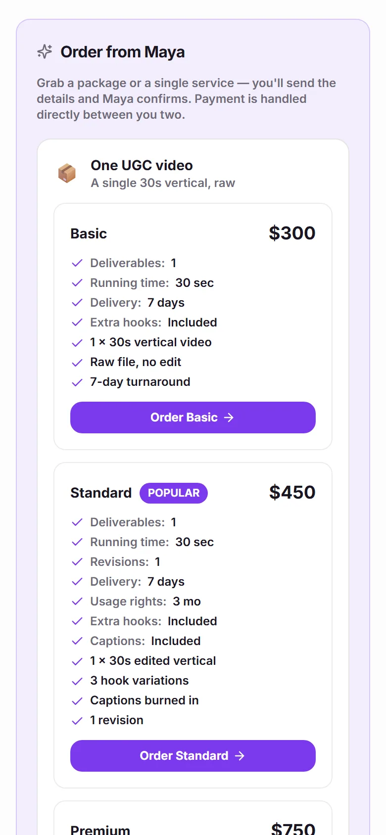 The same order section on a phone, one tier per card with what it includes, its price, and its order button.