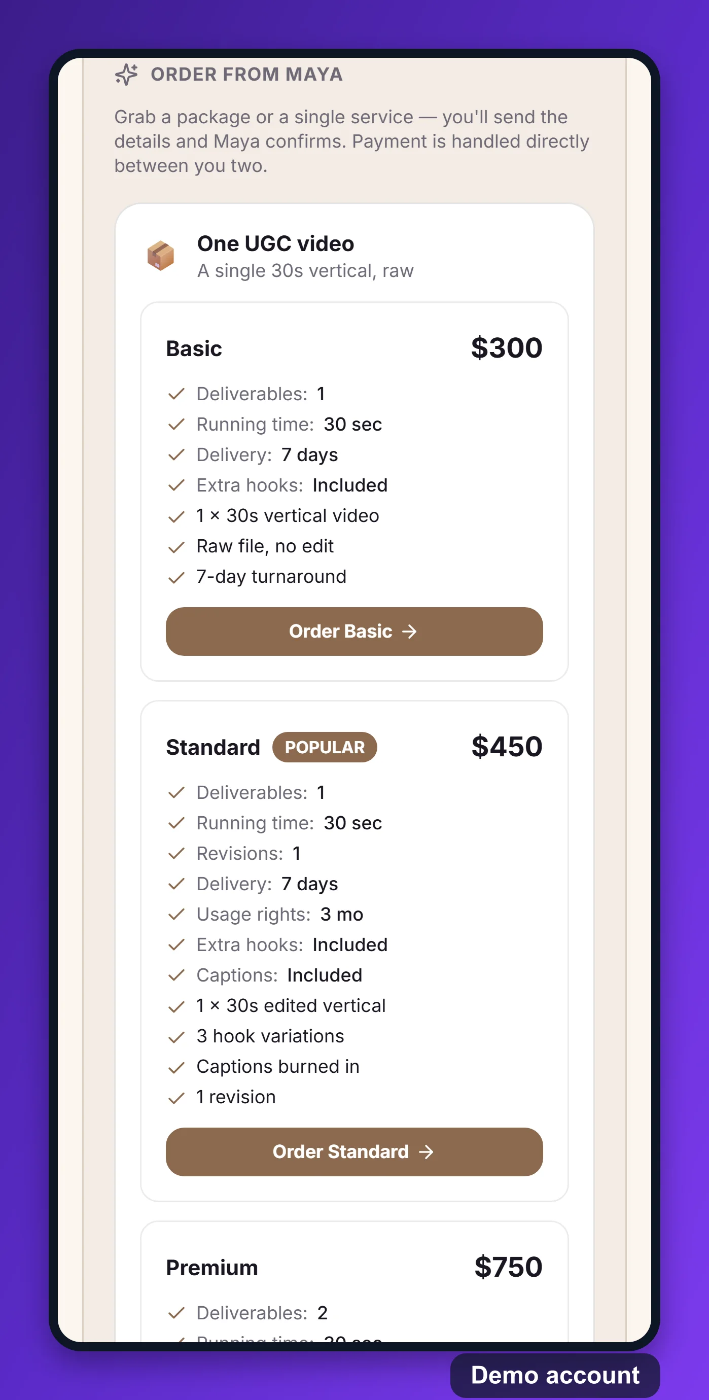 A storefront's packages on a phone, stacked, each with its price and order button.