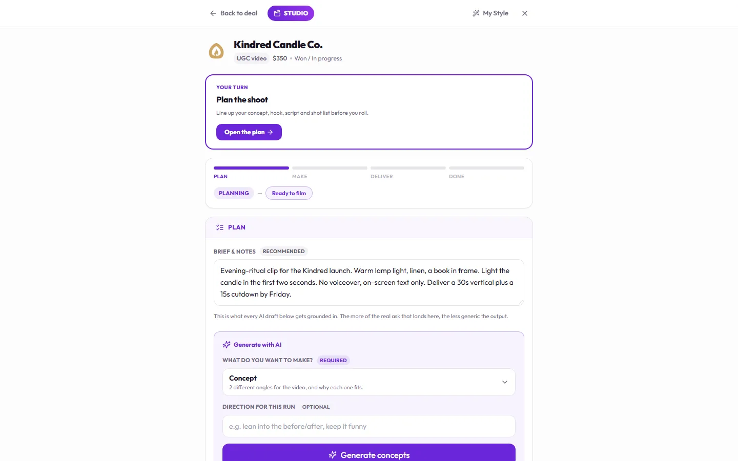 Workbench Studio on a demo deal for a fictional candle brand: Plan the shoot, the Plan-Make-Deliver-Done track, the brief and notes every AI draft is grounded in, and Generate with AI set to Concept.