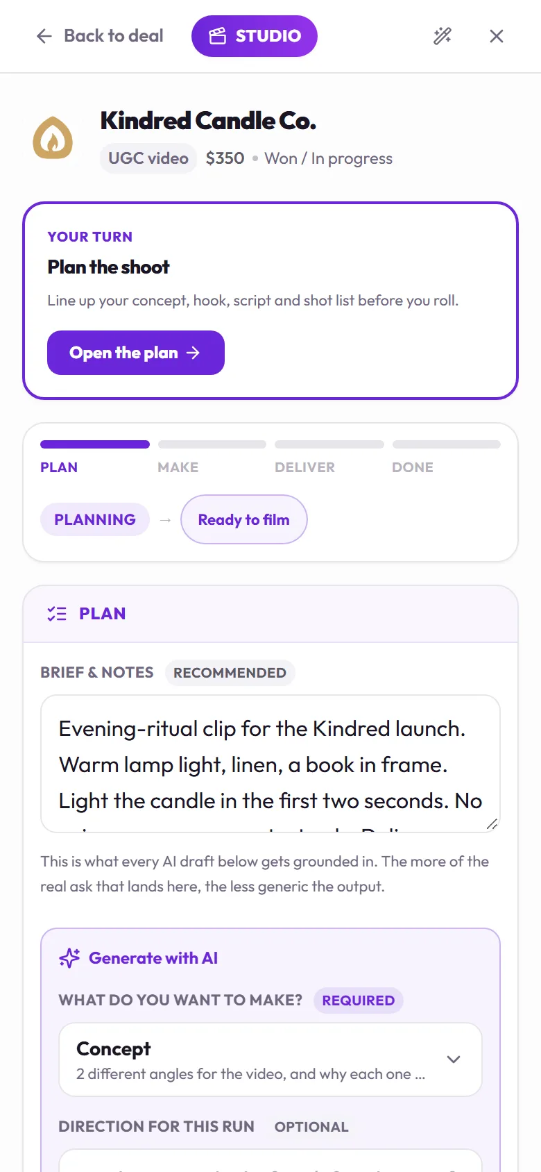 The same Studio on a phone: Plan the shoot, the production track, and the brief the AI drafts are grounded in.