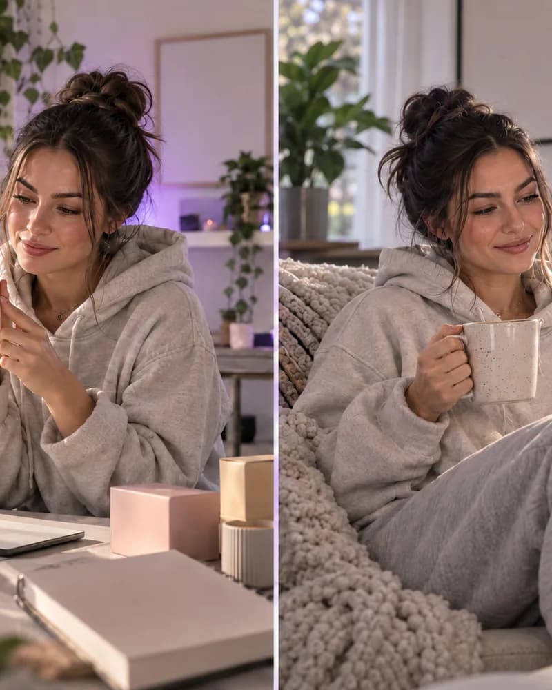 Split scene: a creator filming a blank-label product on a phone tripod at a bright desk, and the same creator on a couch checking replies on her phone.