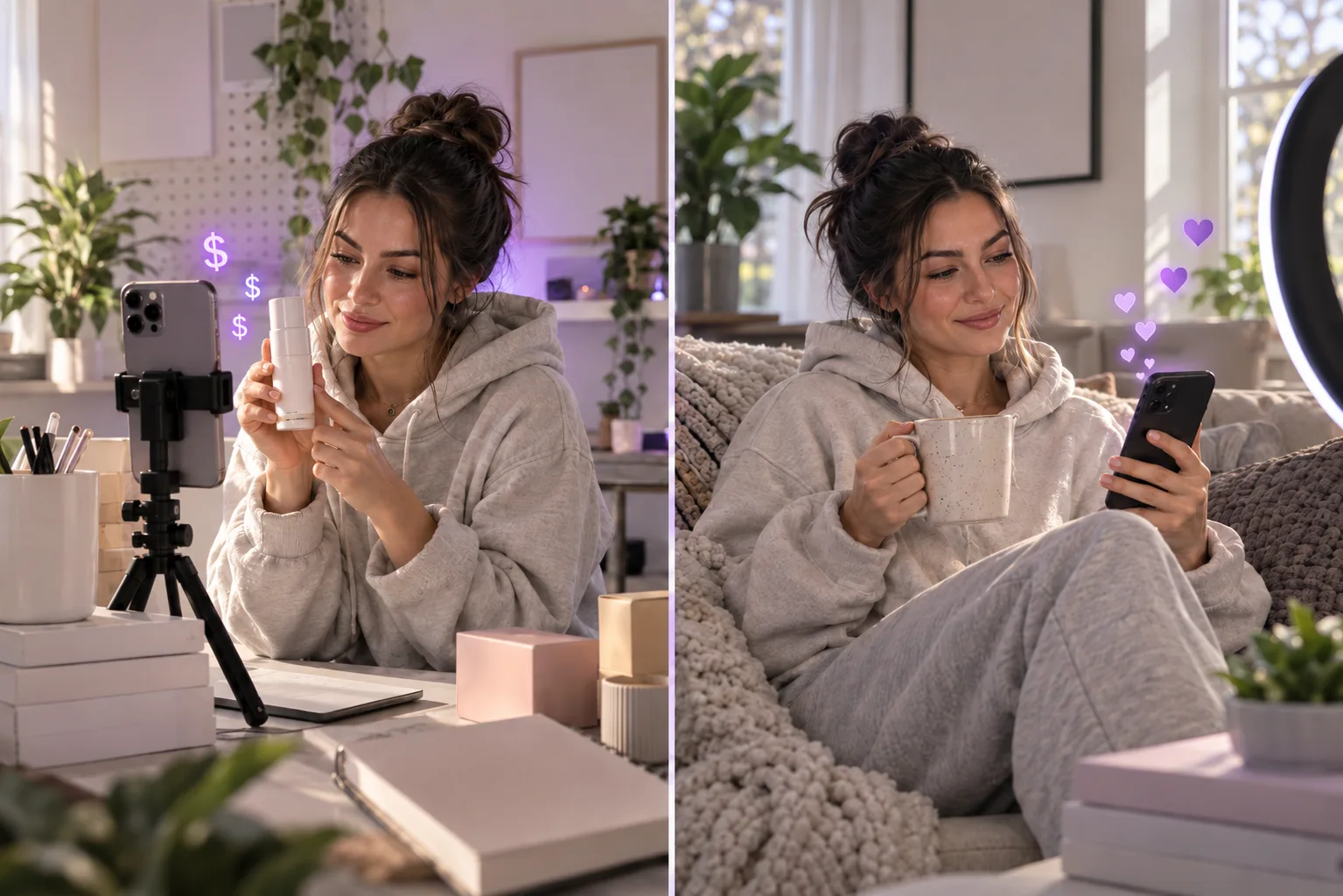 Split scene: a creator filming a blank-label product on a phone tripod at a bright desk, and the same creator on a couch checking replies on her phone.