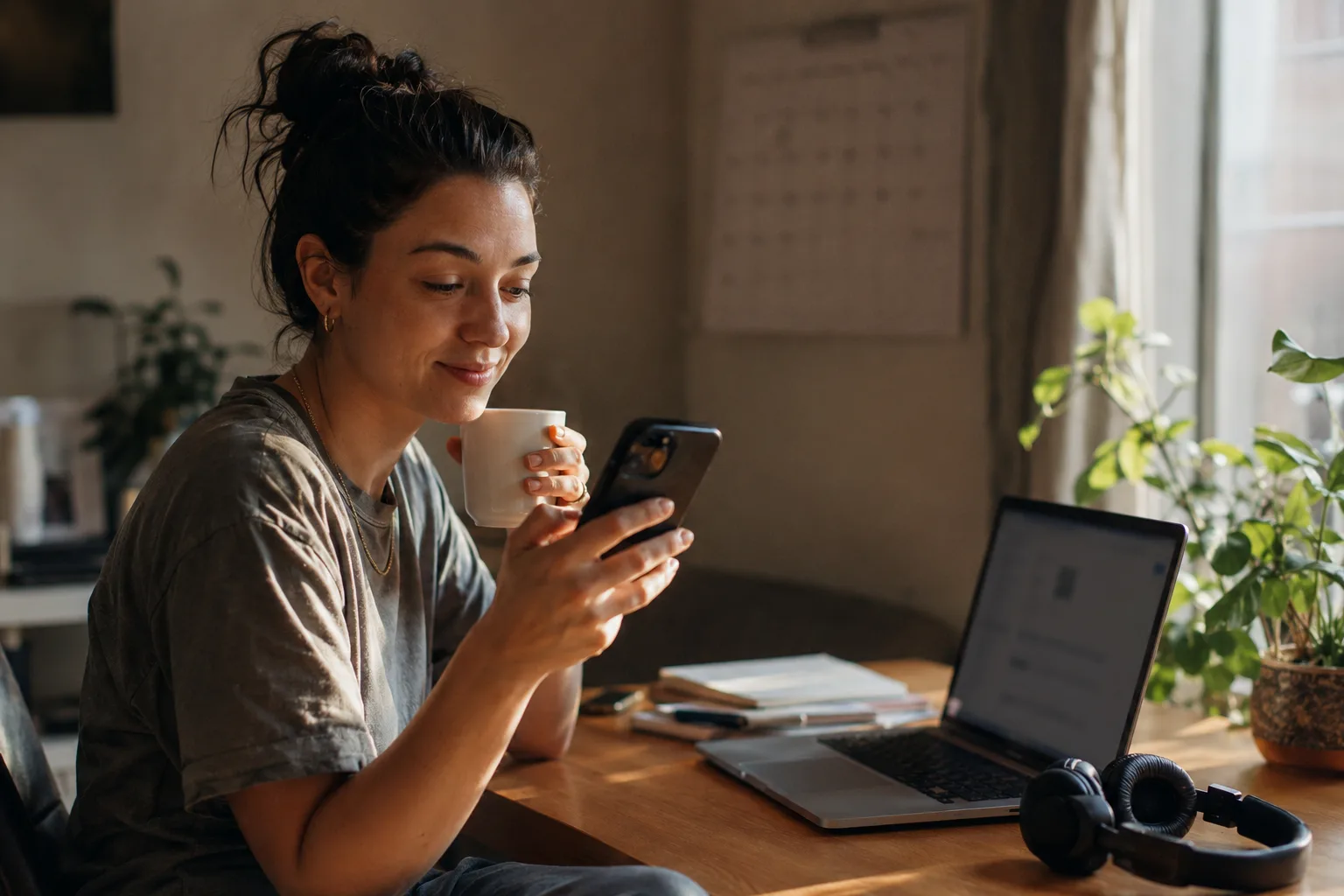 A creator at a sunlit desk with a coffee, glancing at a reminder on her phone with a small smile, laptop and planner beside her.