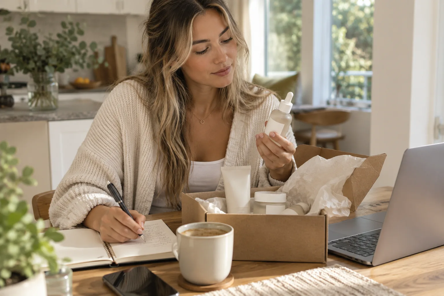 A creator at a sunlit kitchen table writing in a notebook while holding a blank-label serum from an opened kraft PR box, laptop and coffee beside her.