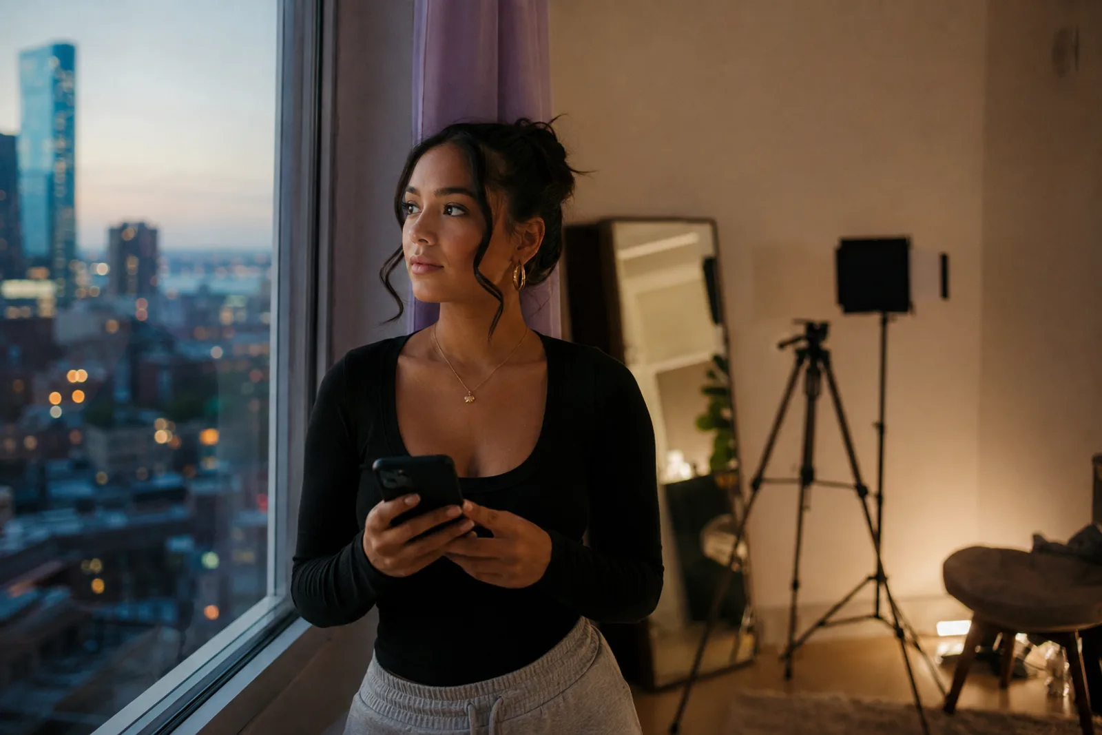 A creator at a window at dusk holding her phone loosely, looking out over the city rather than at the screen, her filming setup idle behind her.