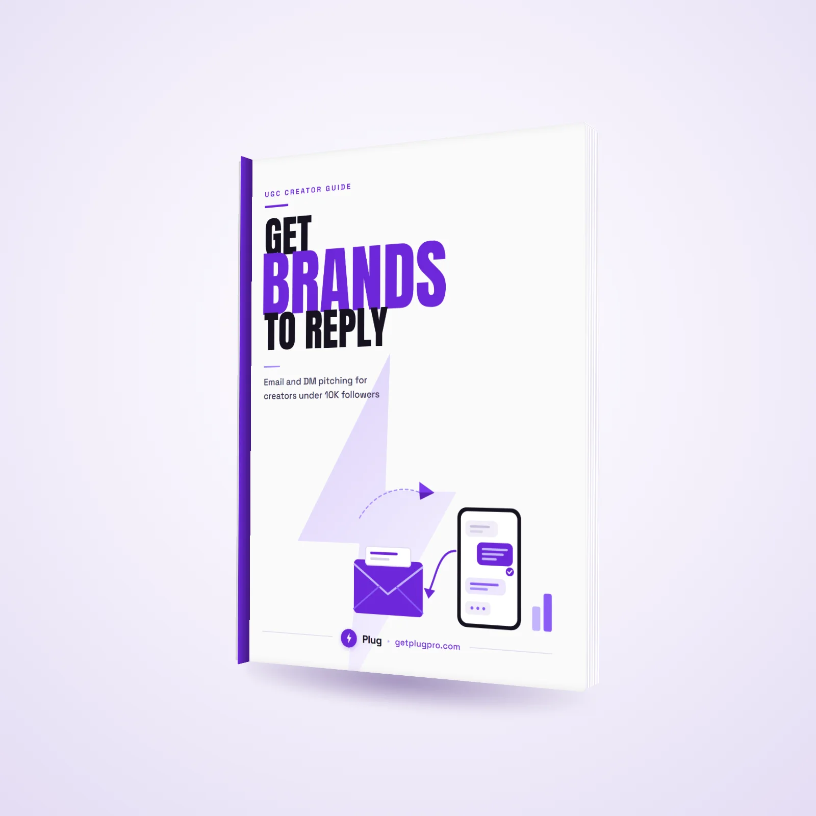 The Get Brands to Reply book, a 51-page guide to email and DM pitching, shown as a printed book.